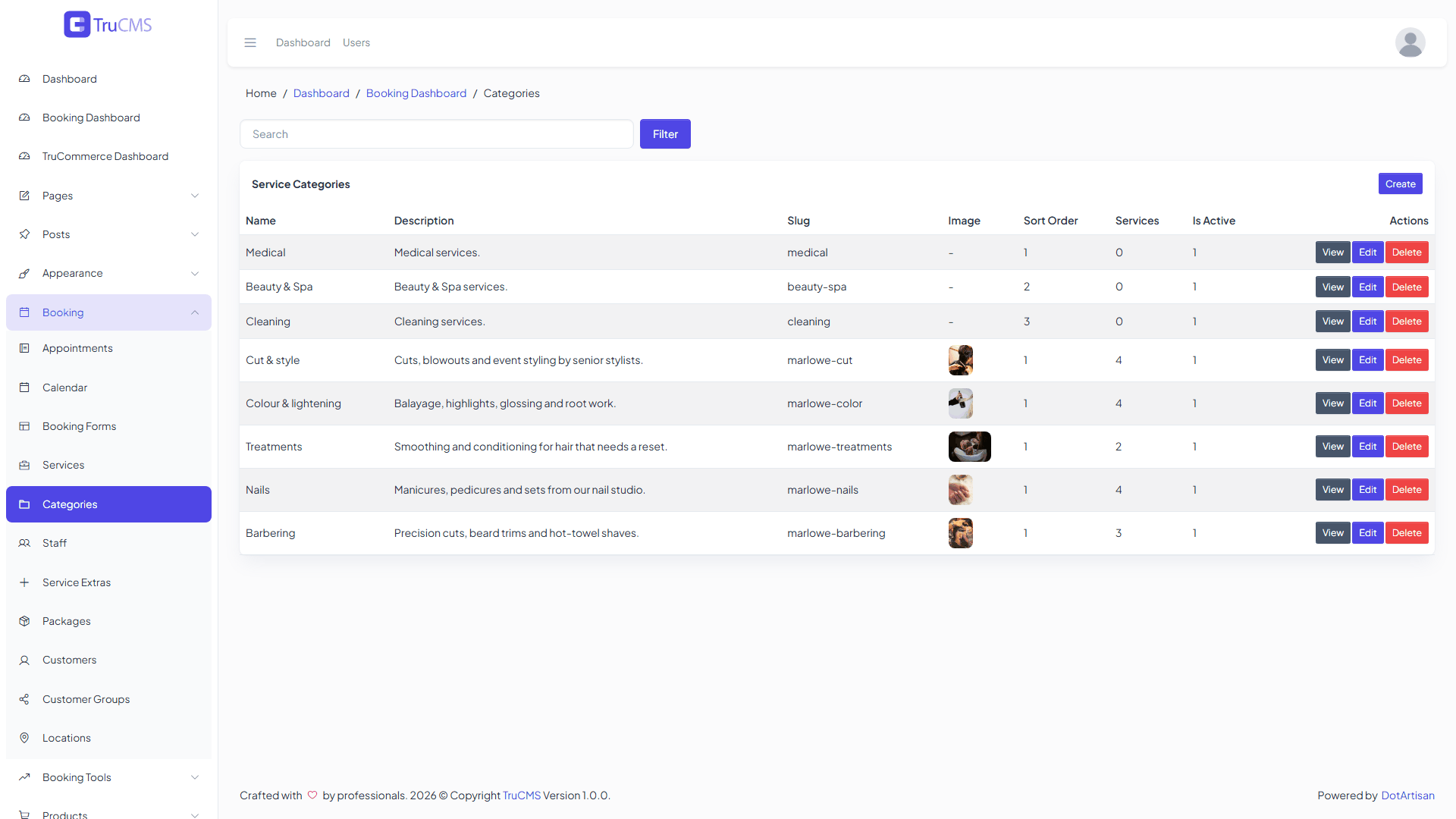 Booking service categories list
