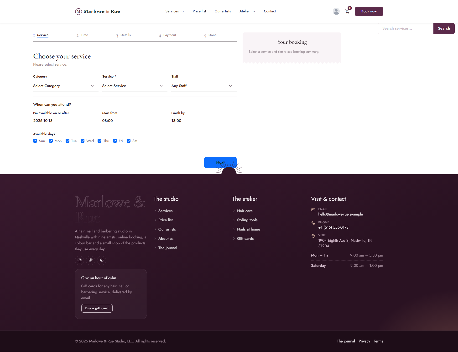 Customer-facing Booking page