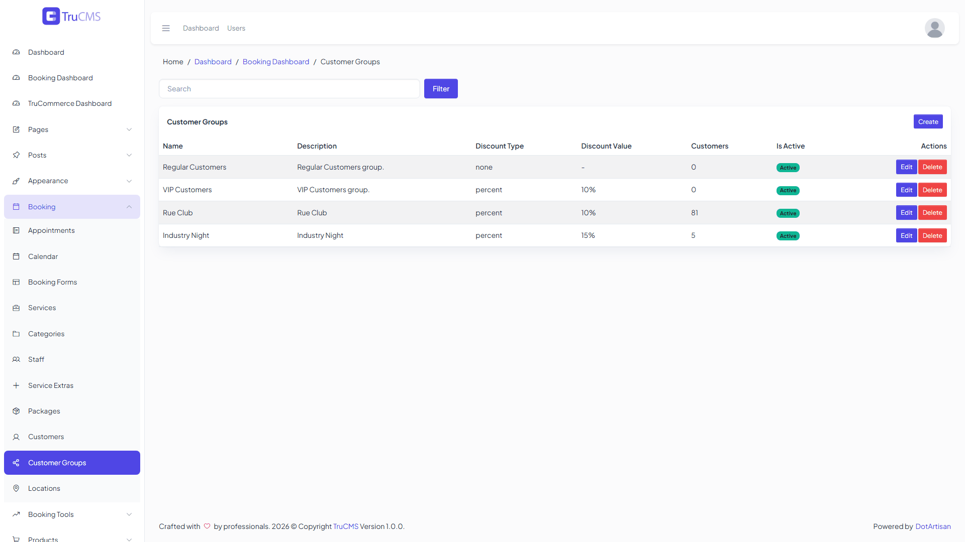 Booking customer groups list