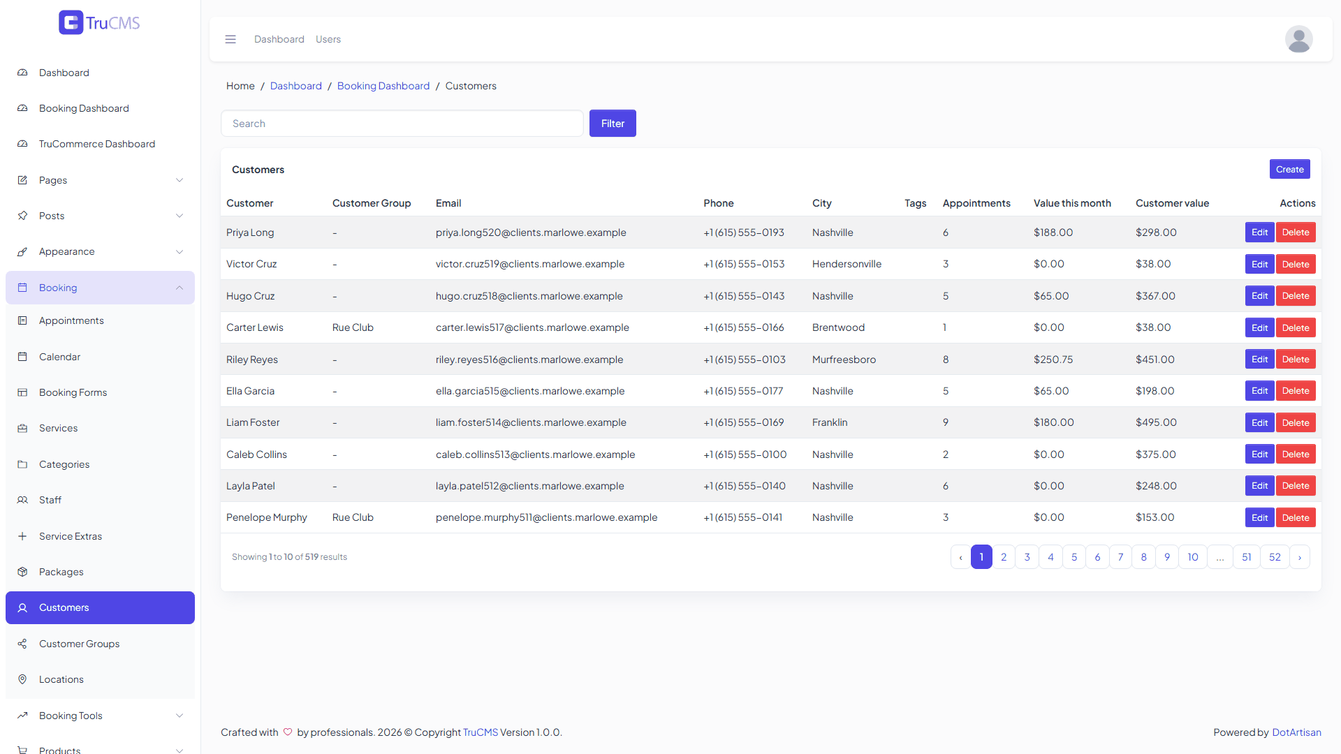 Booking customers list