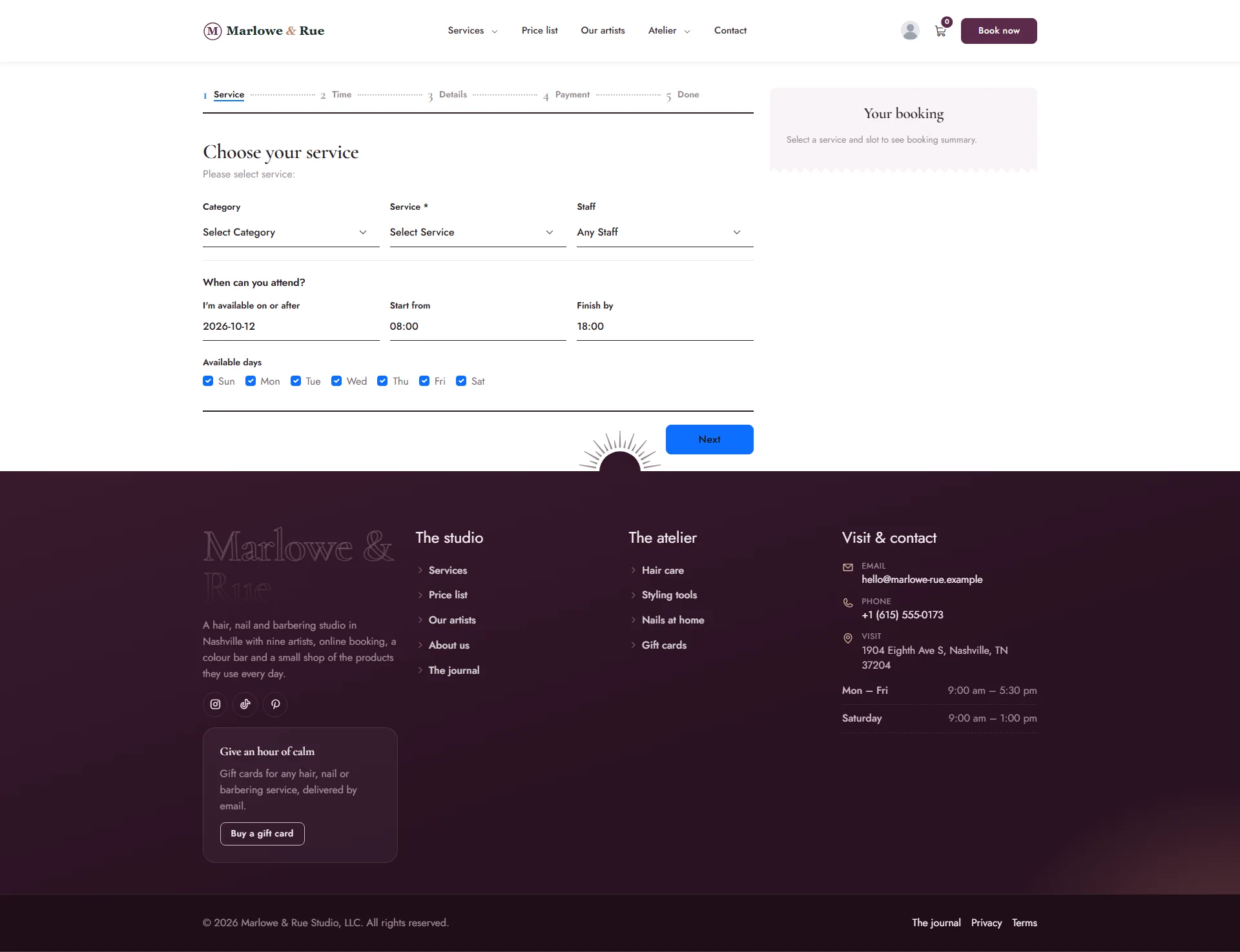 The booking form in the List design with a compact step line and a summary box
