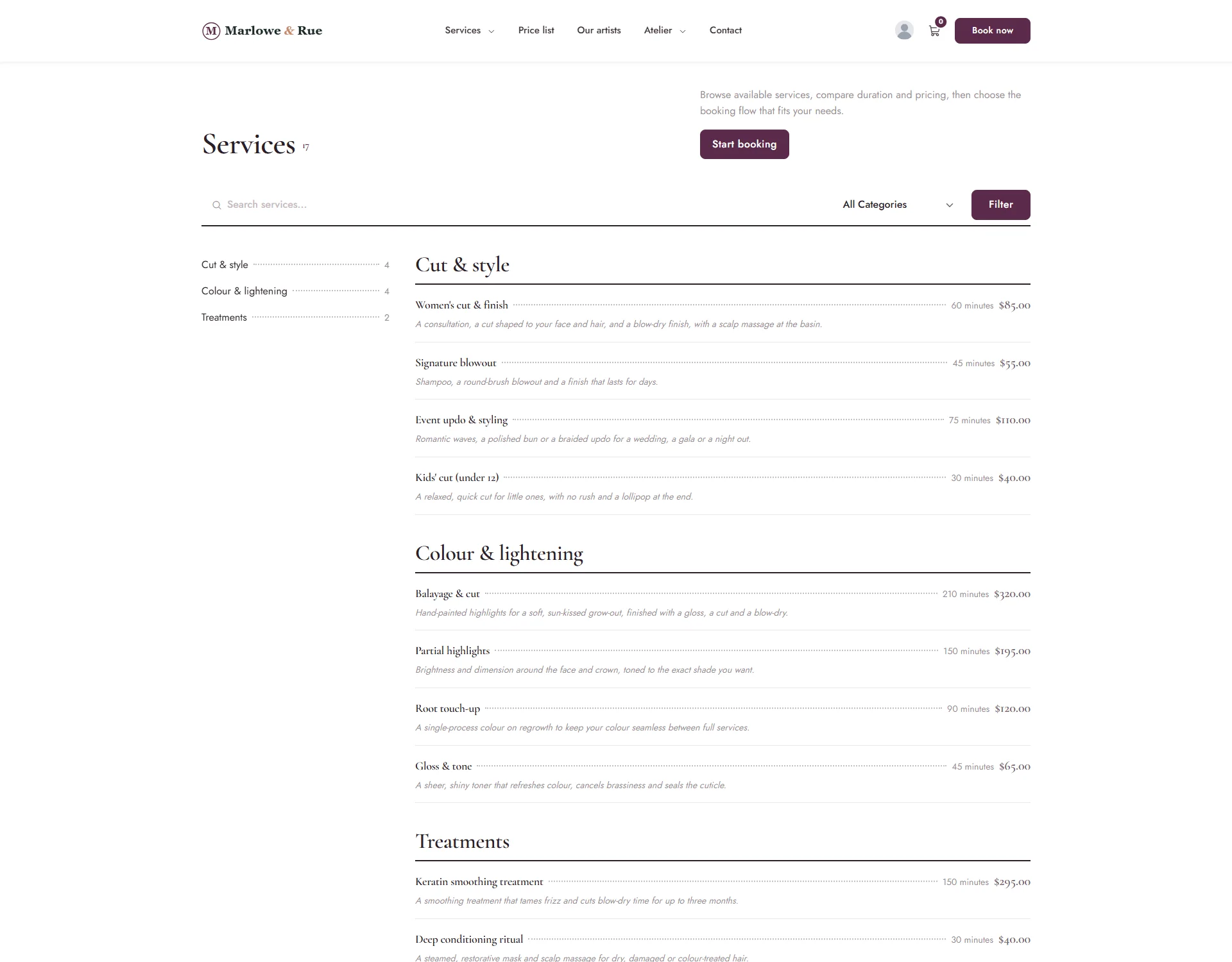 Services shown in the List design as a price list grouped by category