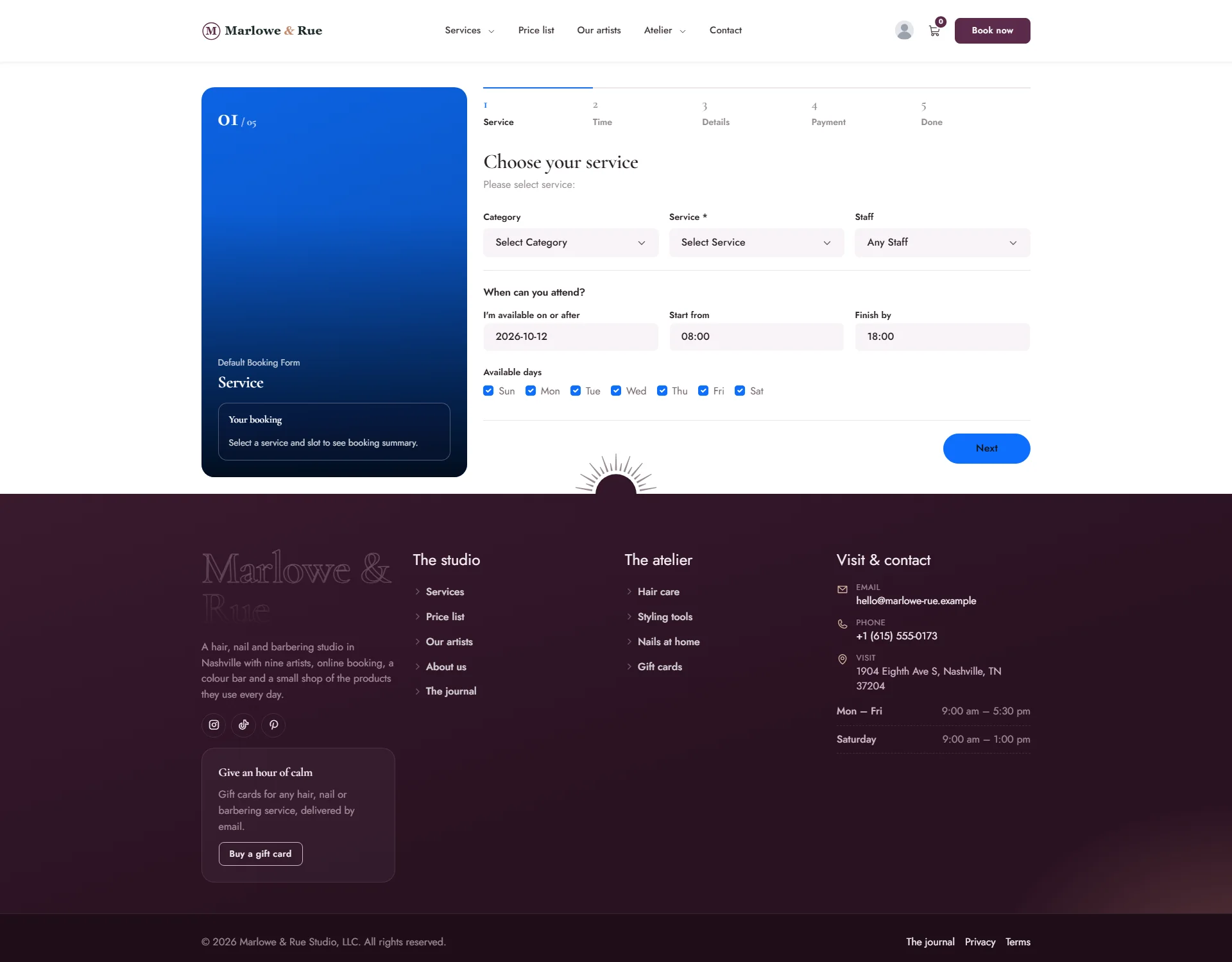 The booking form in the Photo design with a large image panel and the step form