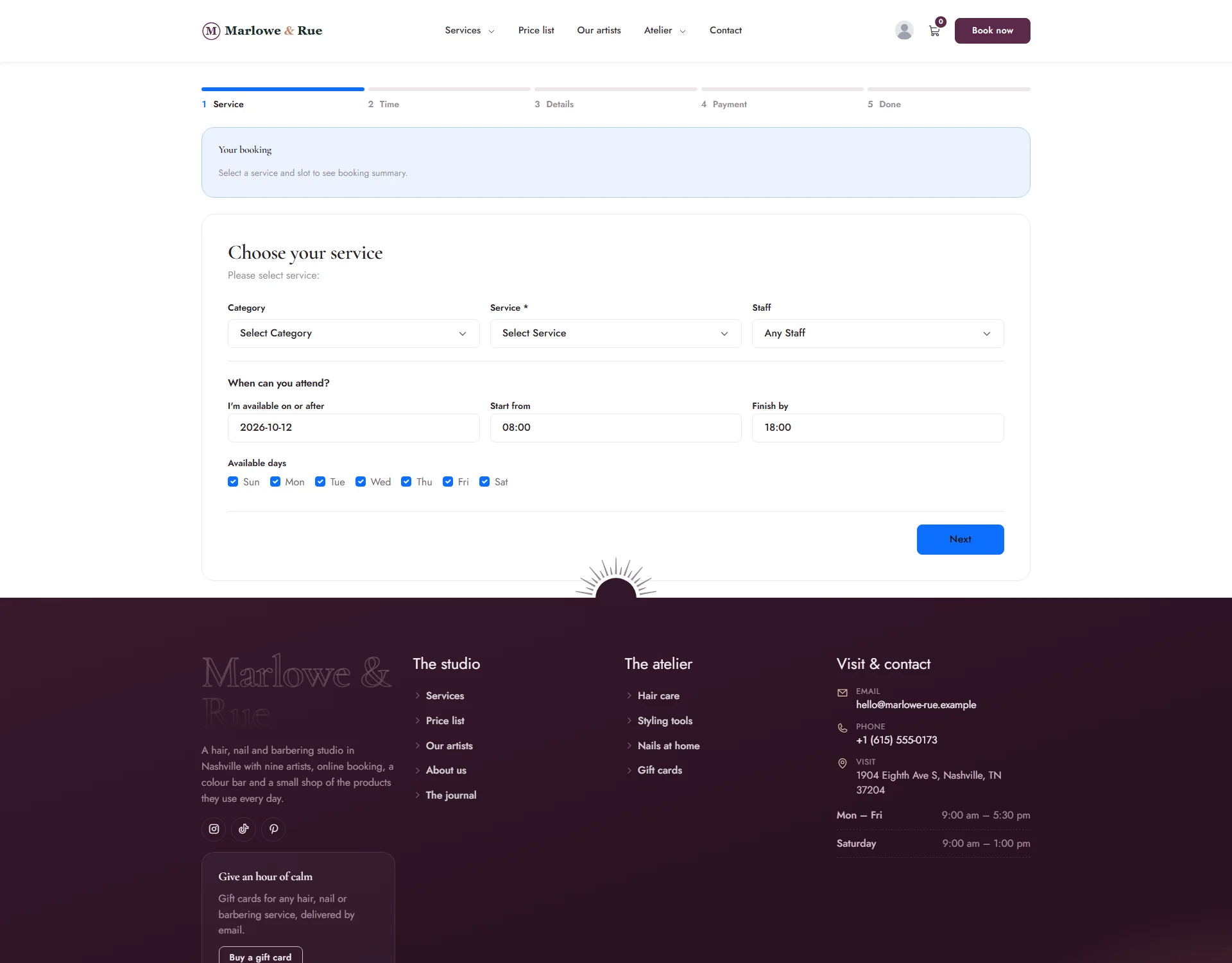 The booking form in the Schedule design with a progress bar and summary on top