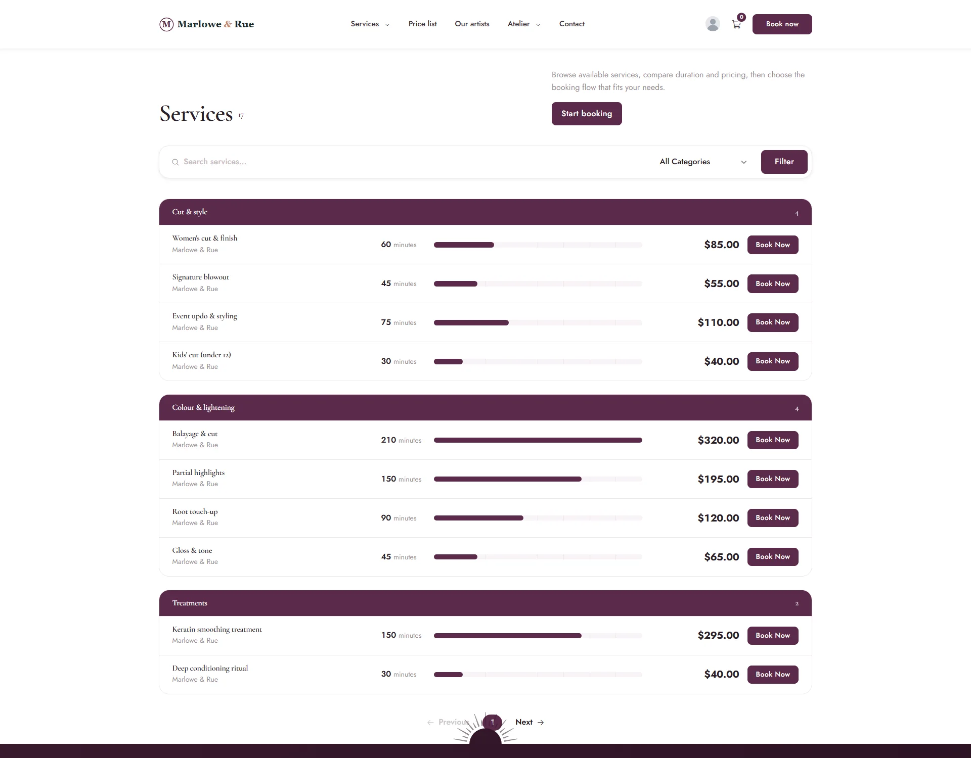 Services shown in the Schedule design with category bars and duration bars