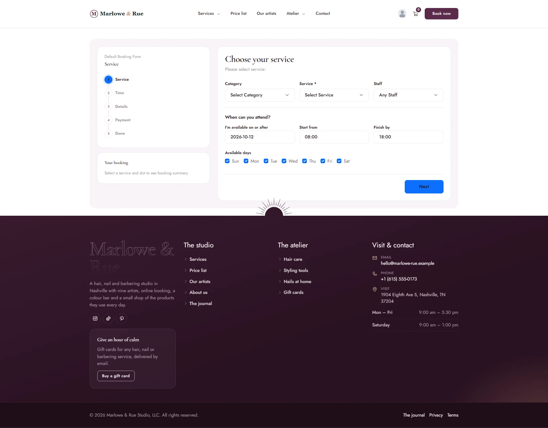 The booking form in the Split design with a vertical step list on the left