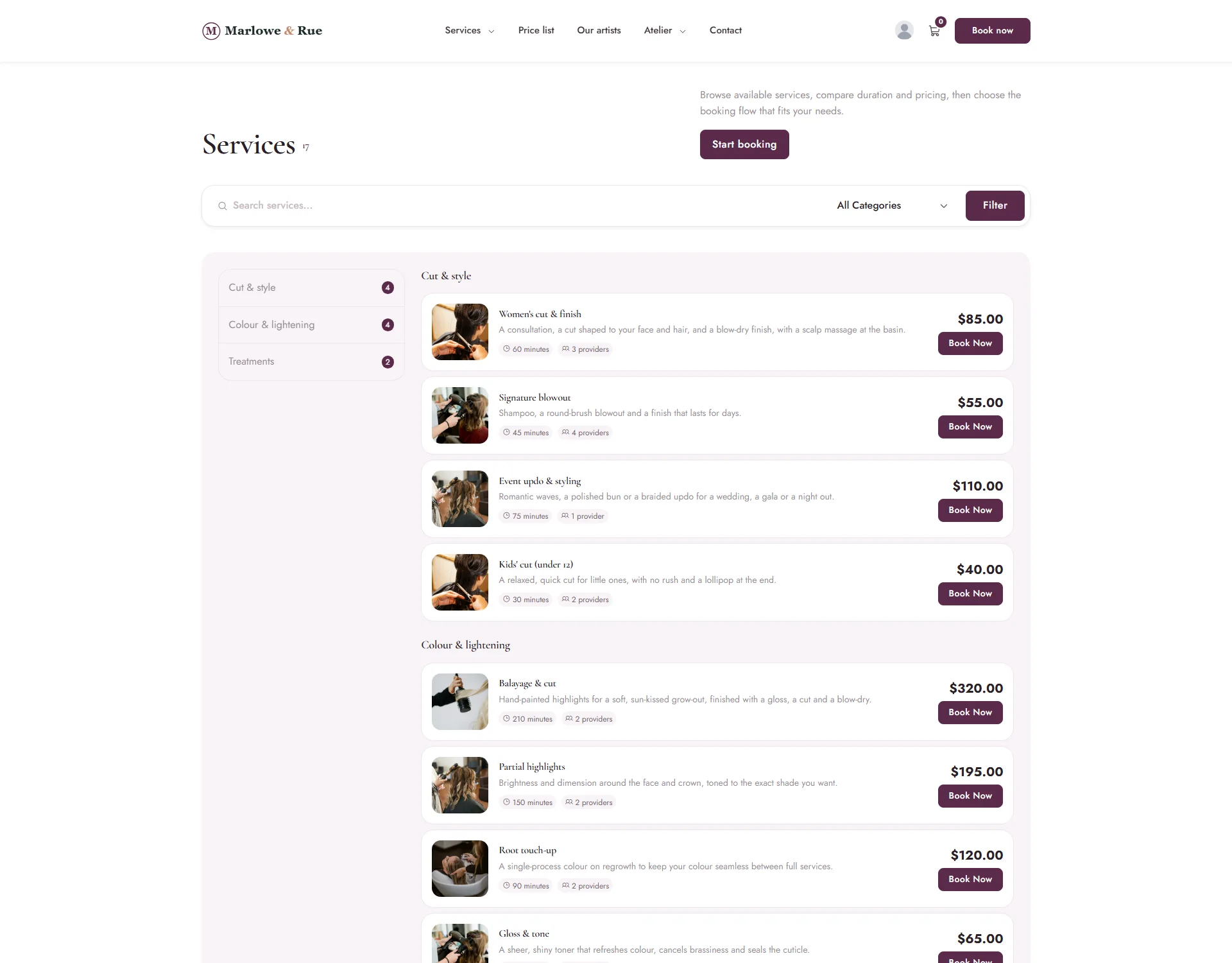 Services shown in the Split design with a category menu and rows with pictures