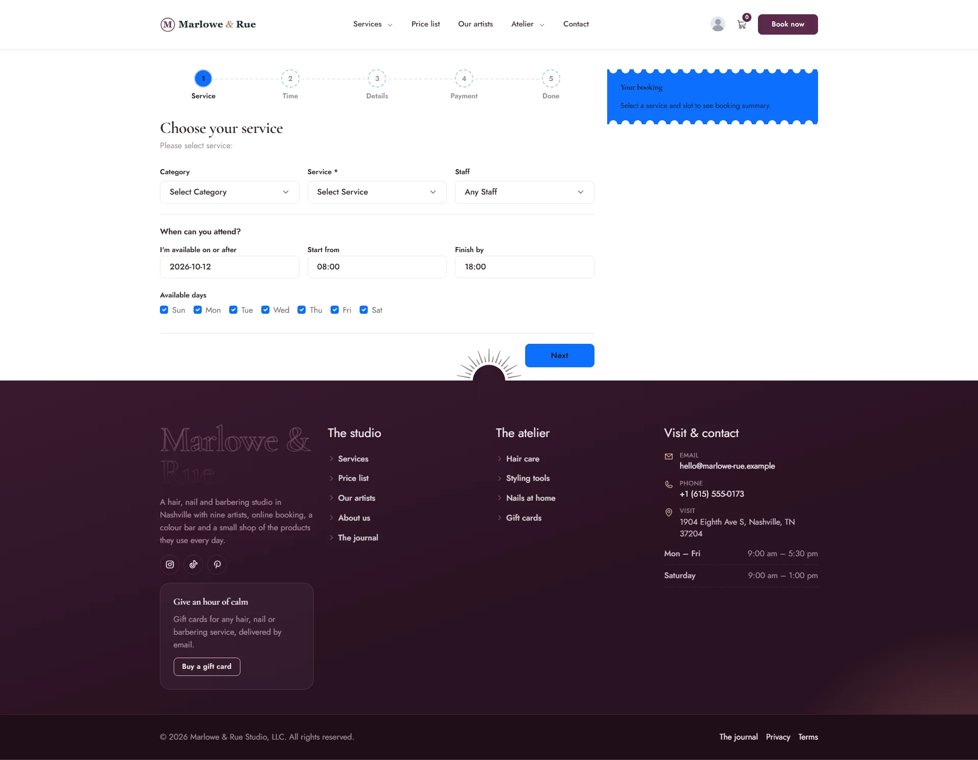 The booking form in the Ticket design with a numbered stepper and a ticket-style summary