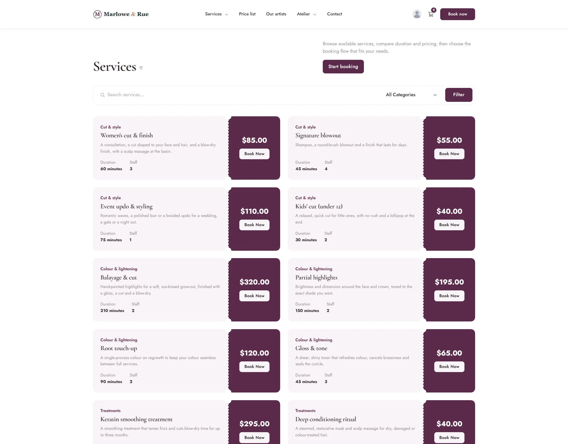 Services shown in the Ticket design as ticket-style cards with a price stub