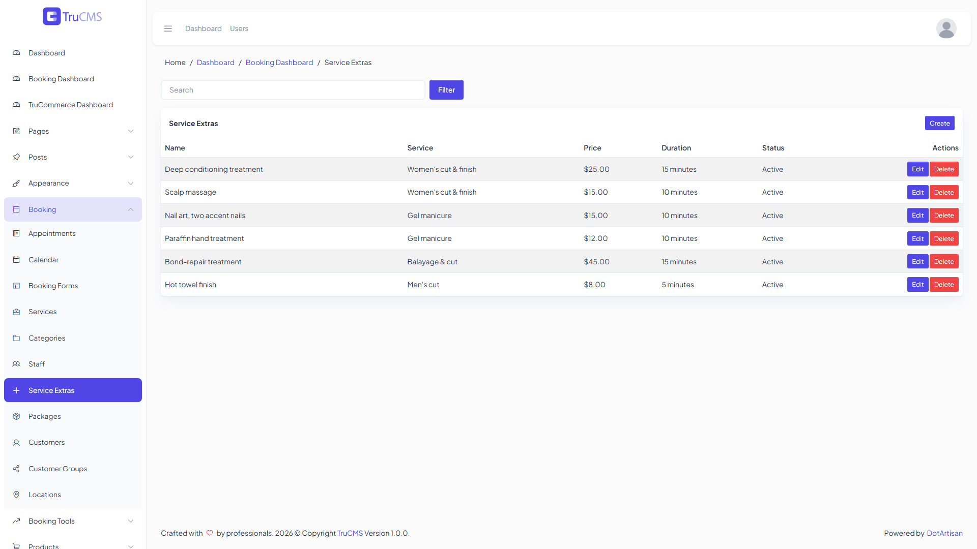 Booking service extras list