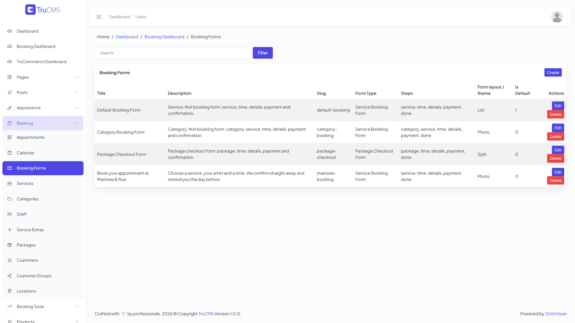 Booking forms management screen