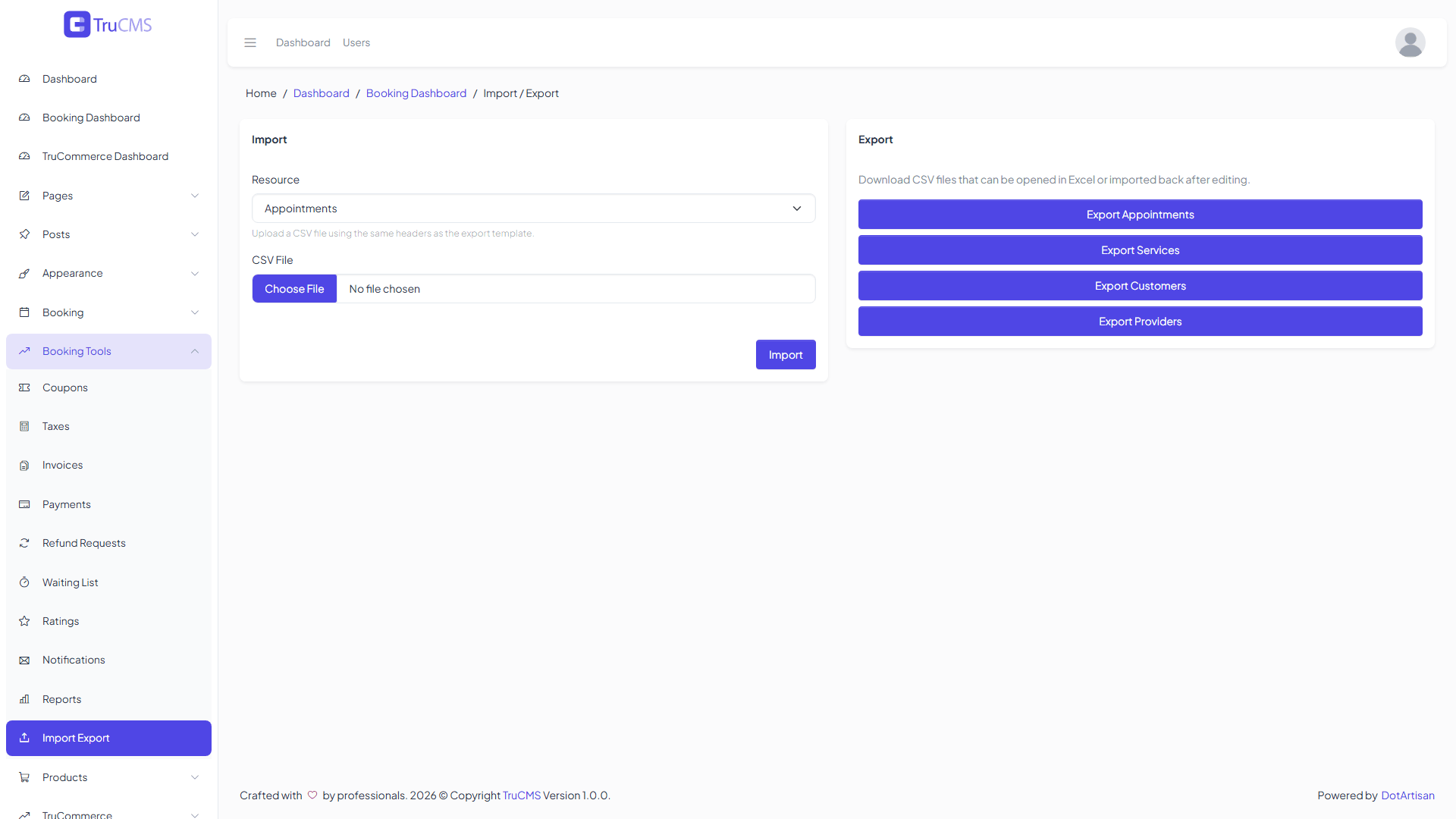 Booking import and export screen