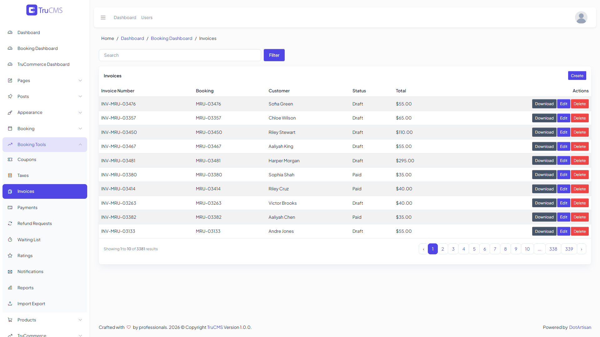 Booking invoices list