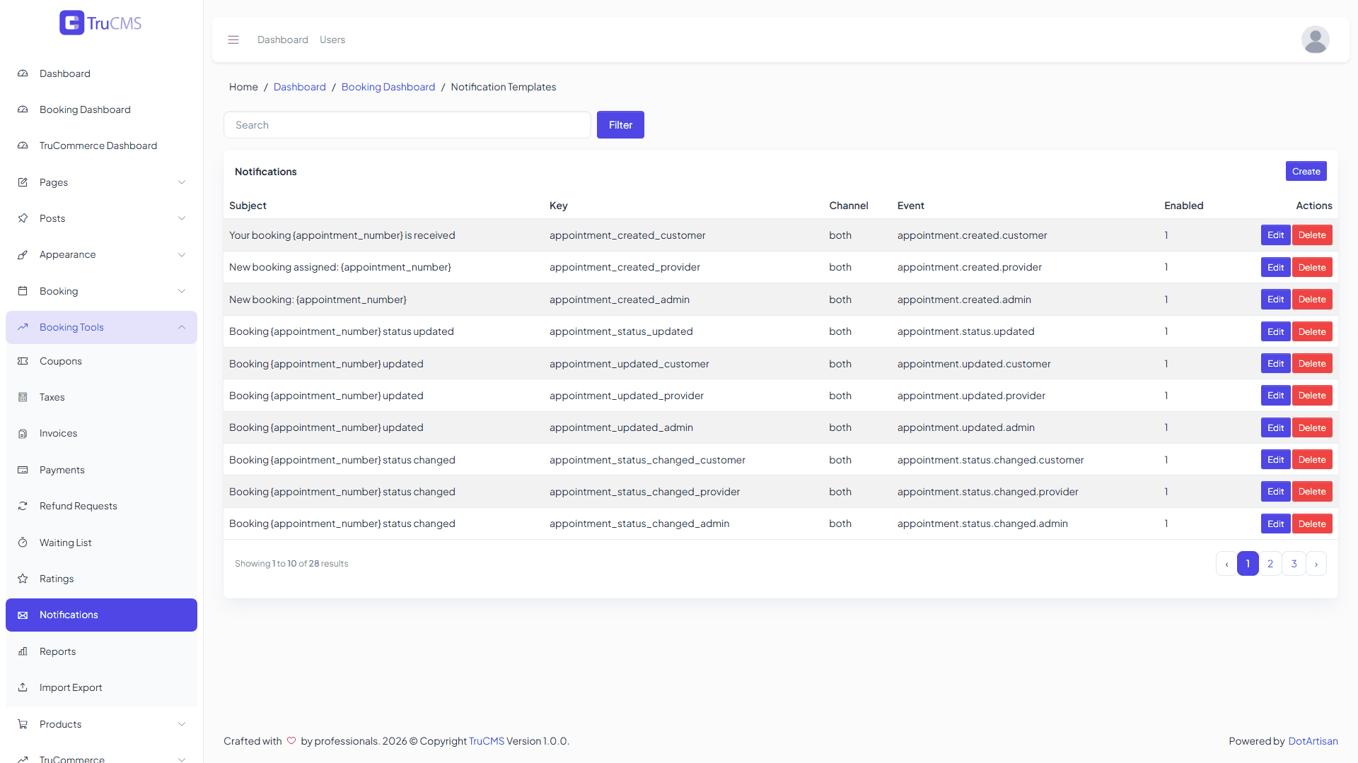 Booking notifications management screen