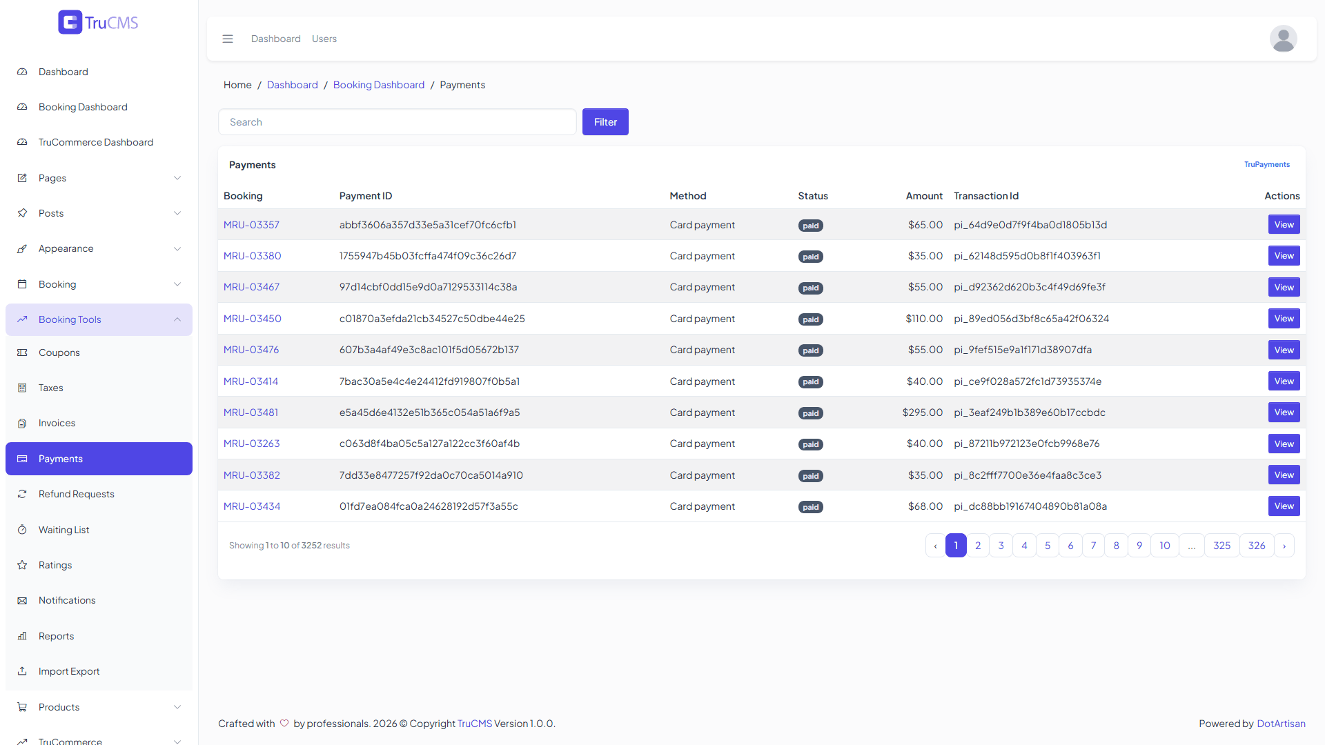 Booking payments list
