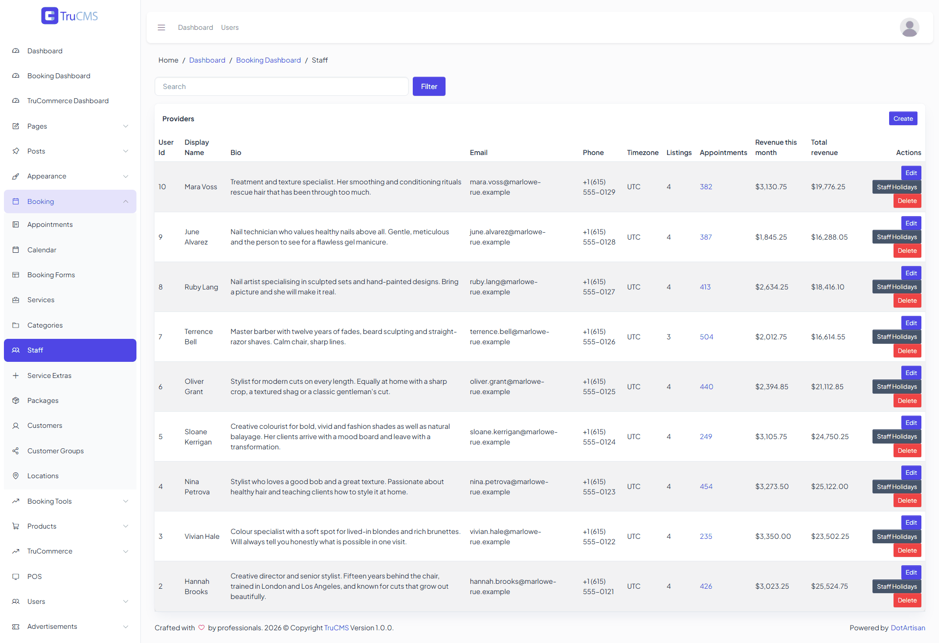 Booking providers and staff list