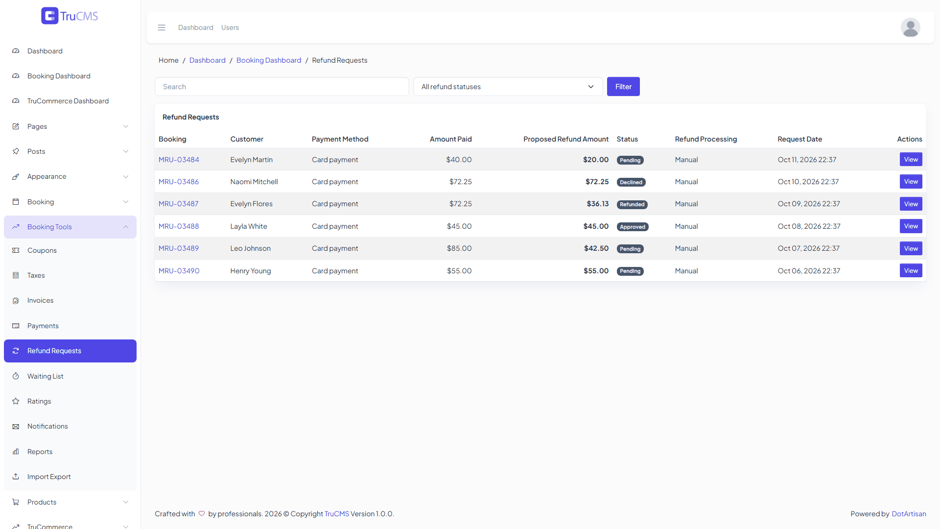Booking Refund Requests list with search and status filters