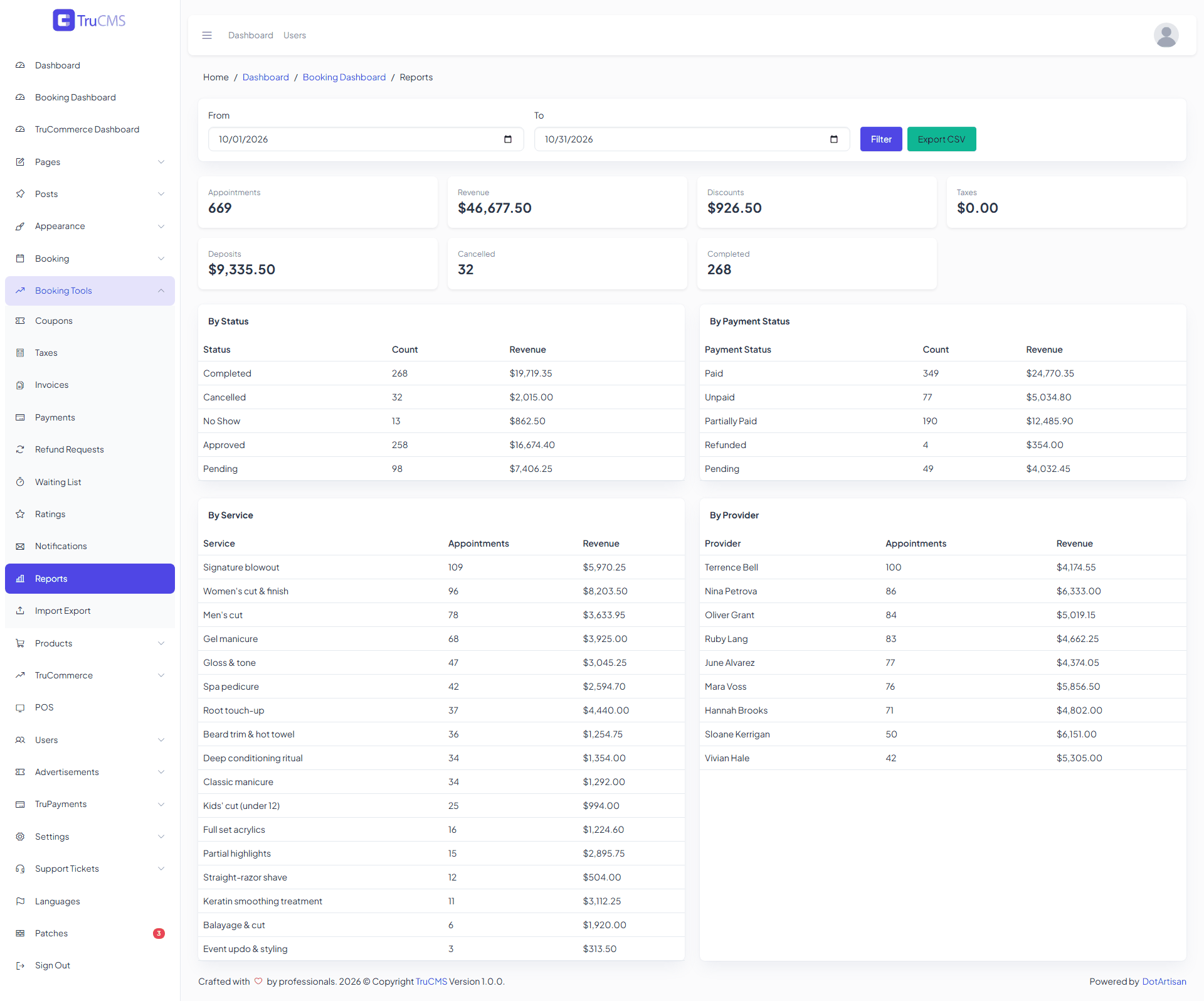 Booking reports screen