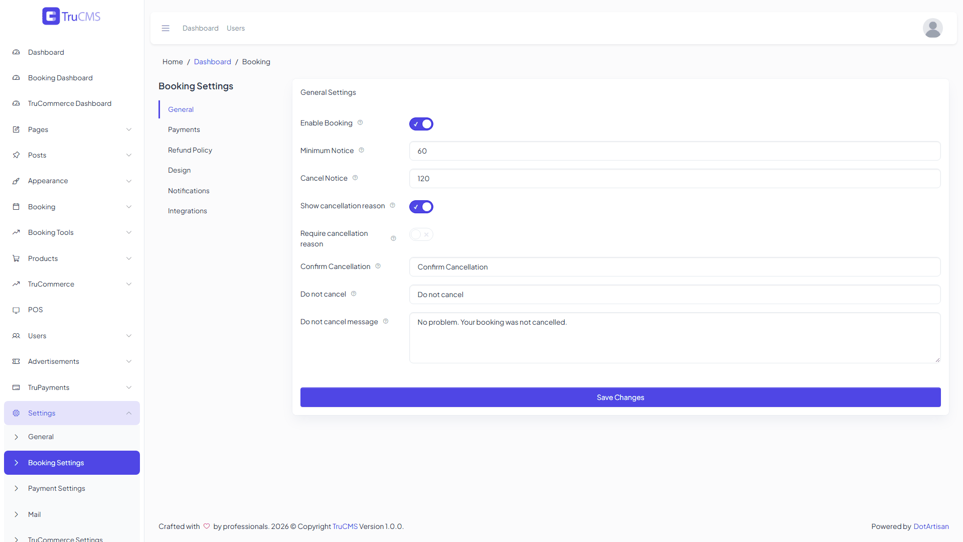 Booking module settings page