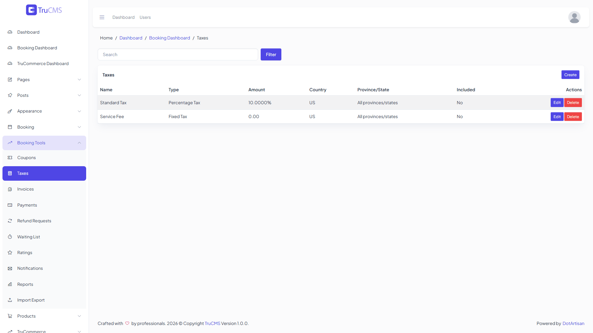Booking taxes list