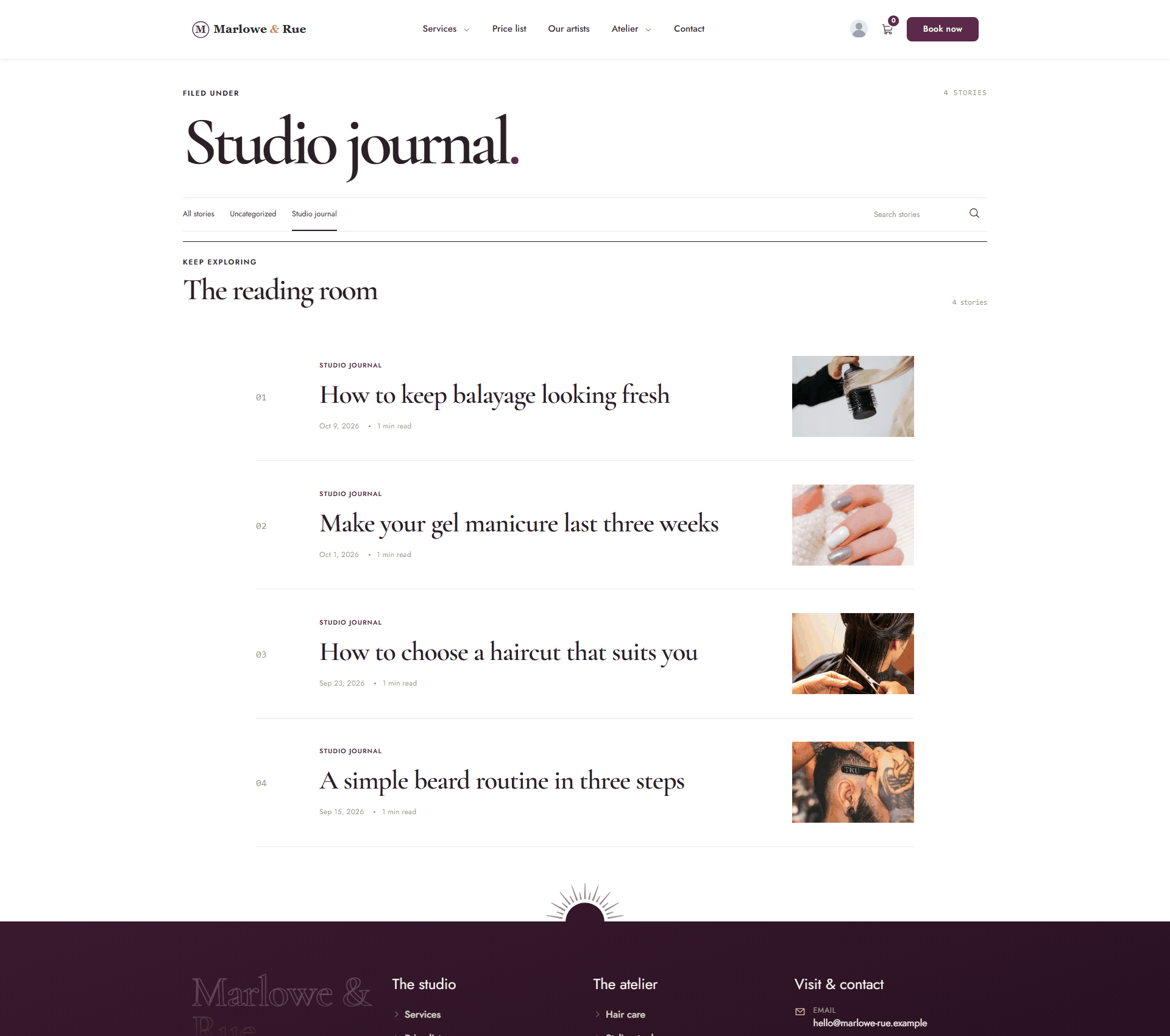 A category archive page listing the posts in the Studio journal category