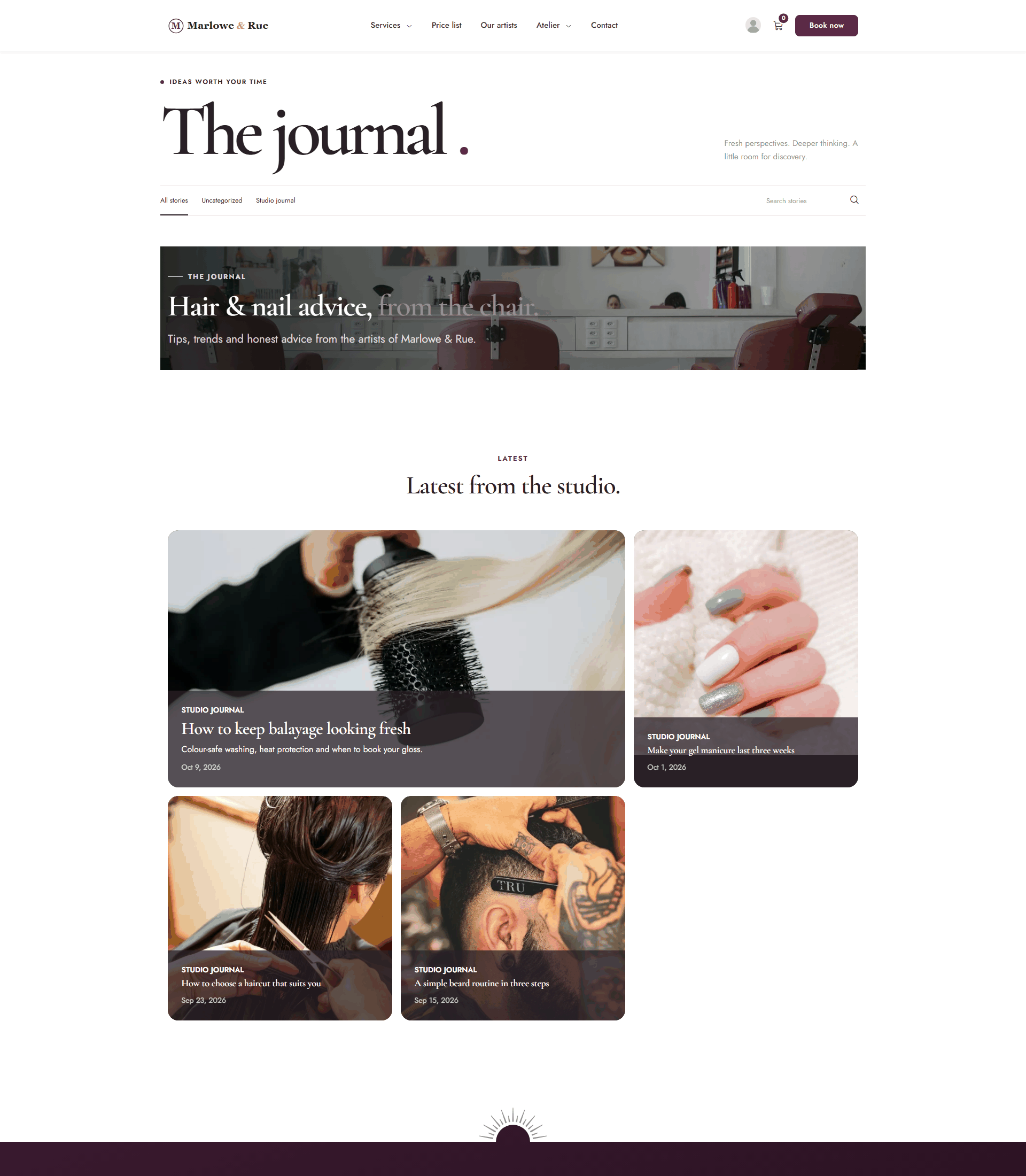 The public blog page with a hero banner, a topic menu, a search box and a grid of story cards