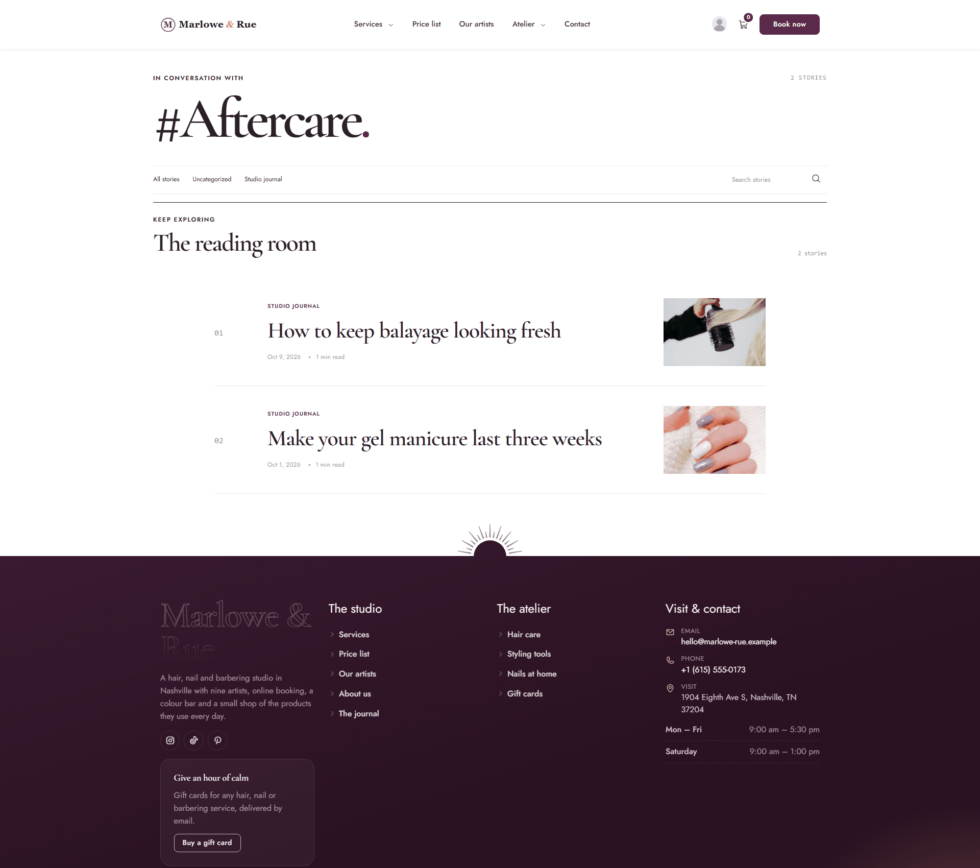 A tag archive page titled #Aftercare listing two posts