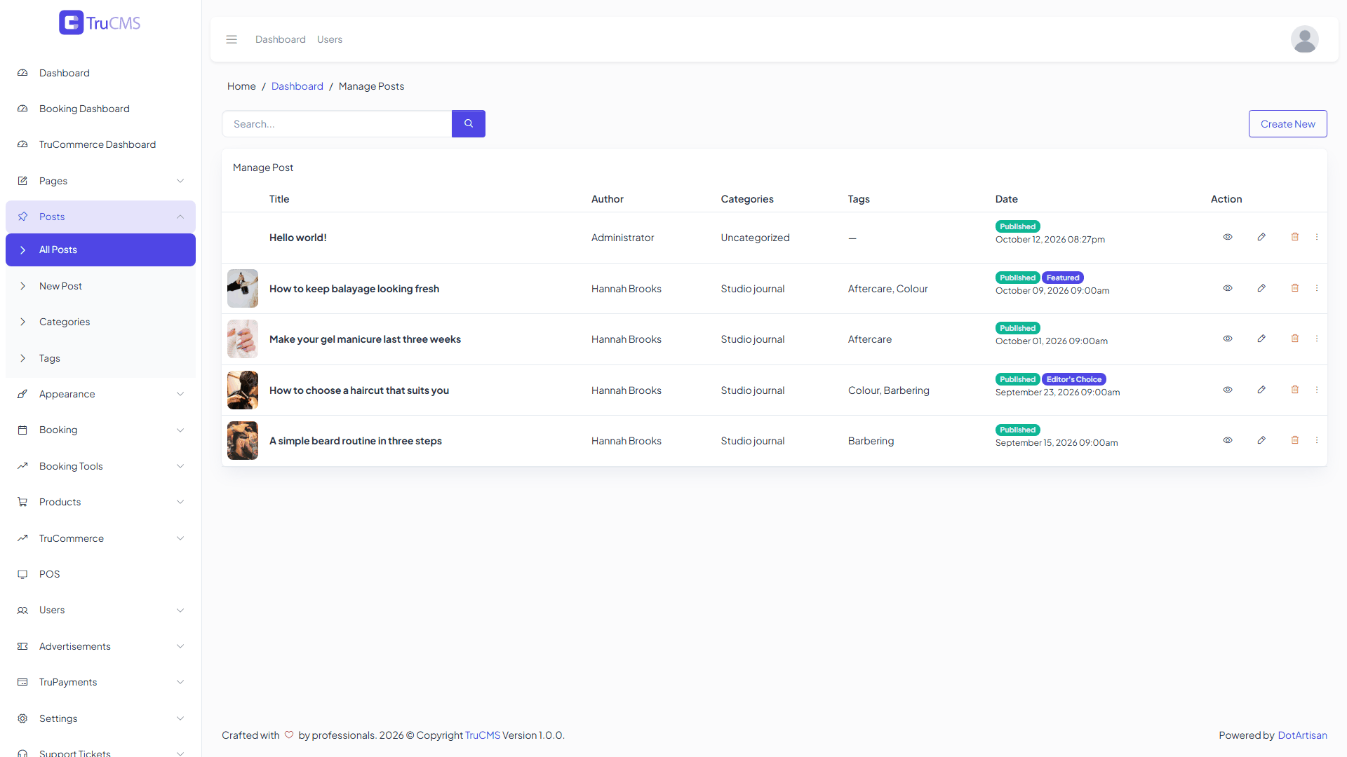The Manage Posts list showing titles, authors, categories, tags, dates and Featured and Editor's Choice badges