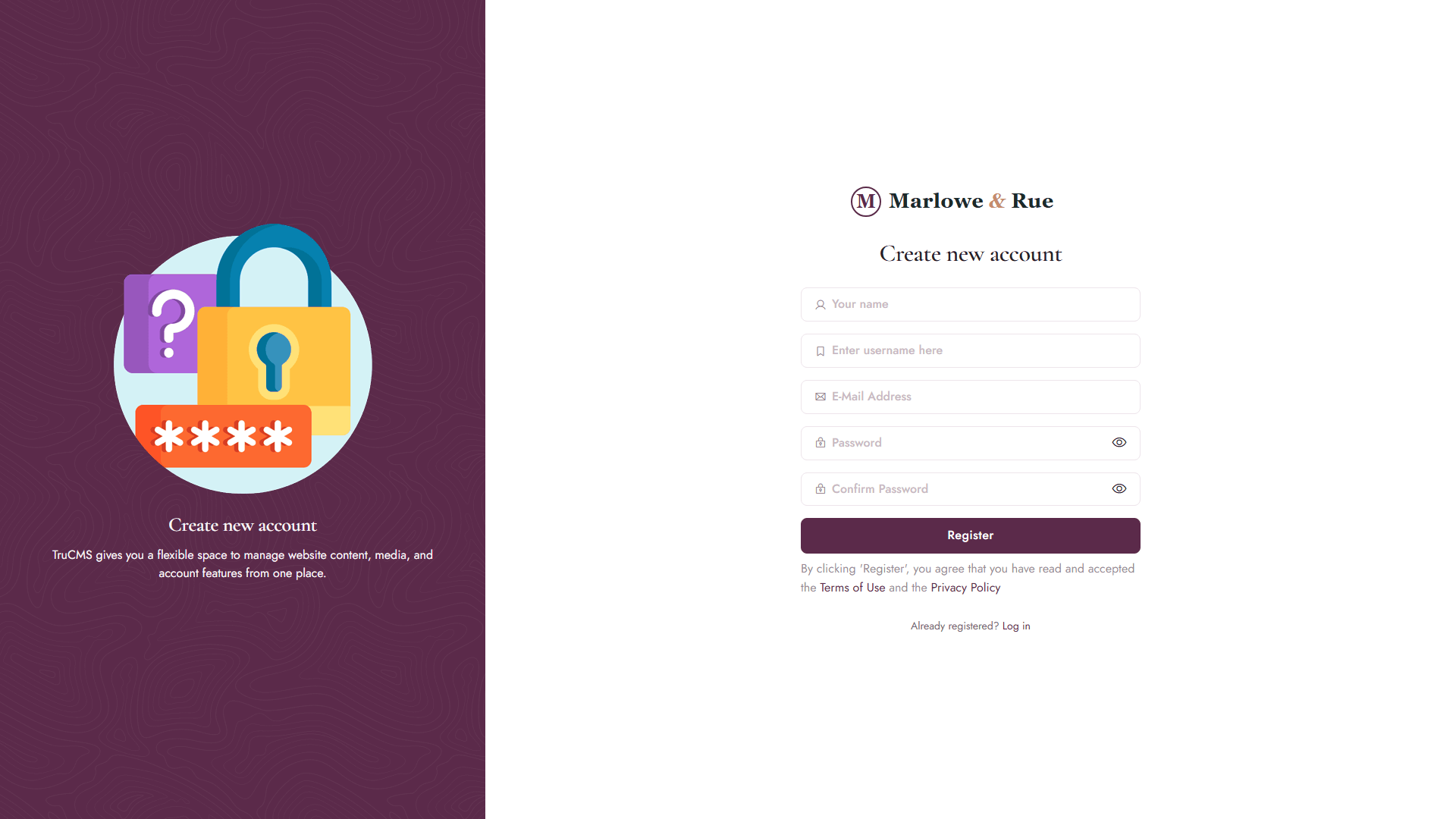 The public Create new account page with name, username, email and password fields