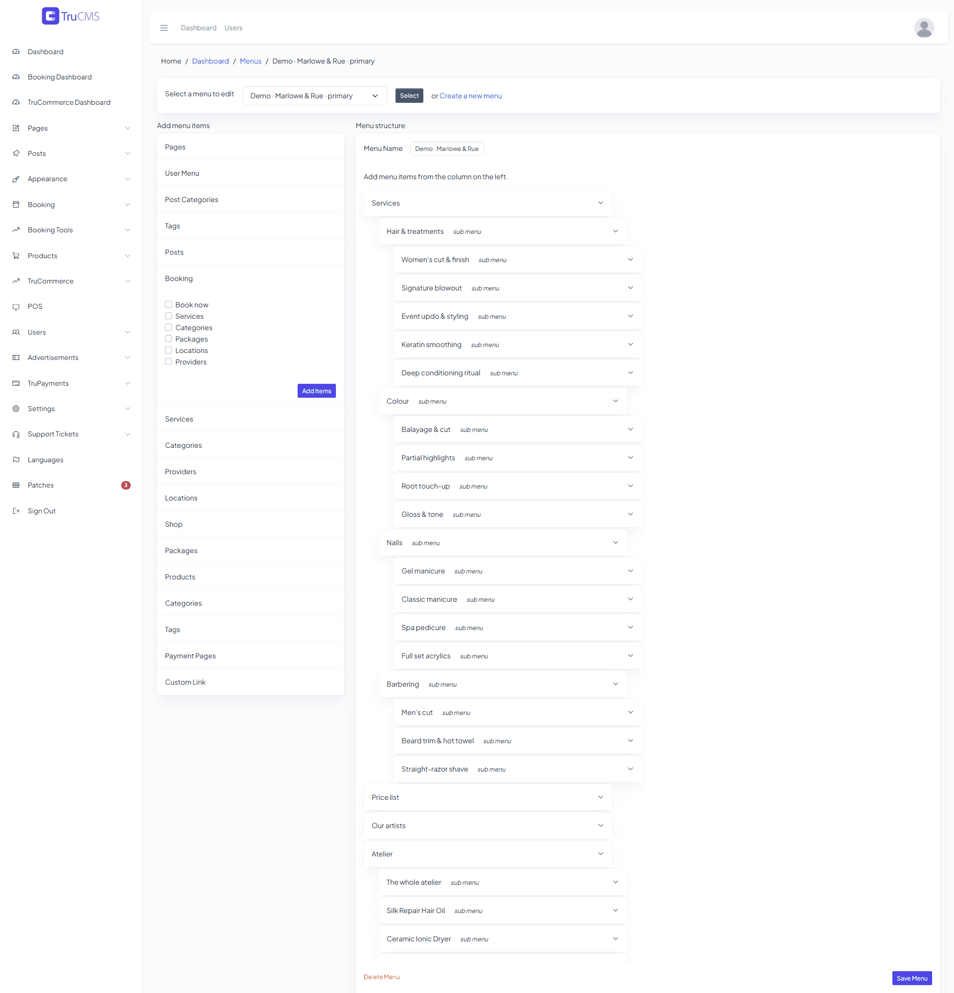 Menu builder with the Booking source expanded in the left column