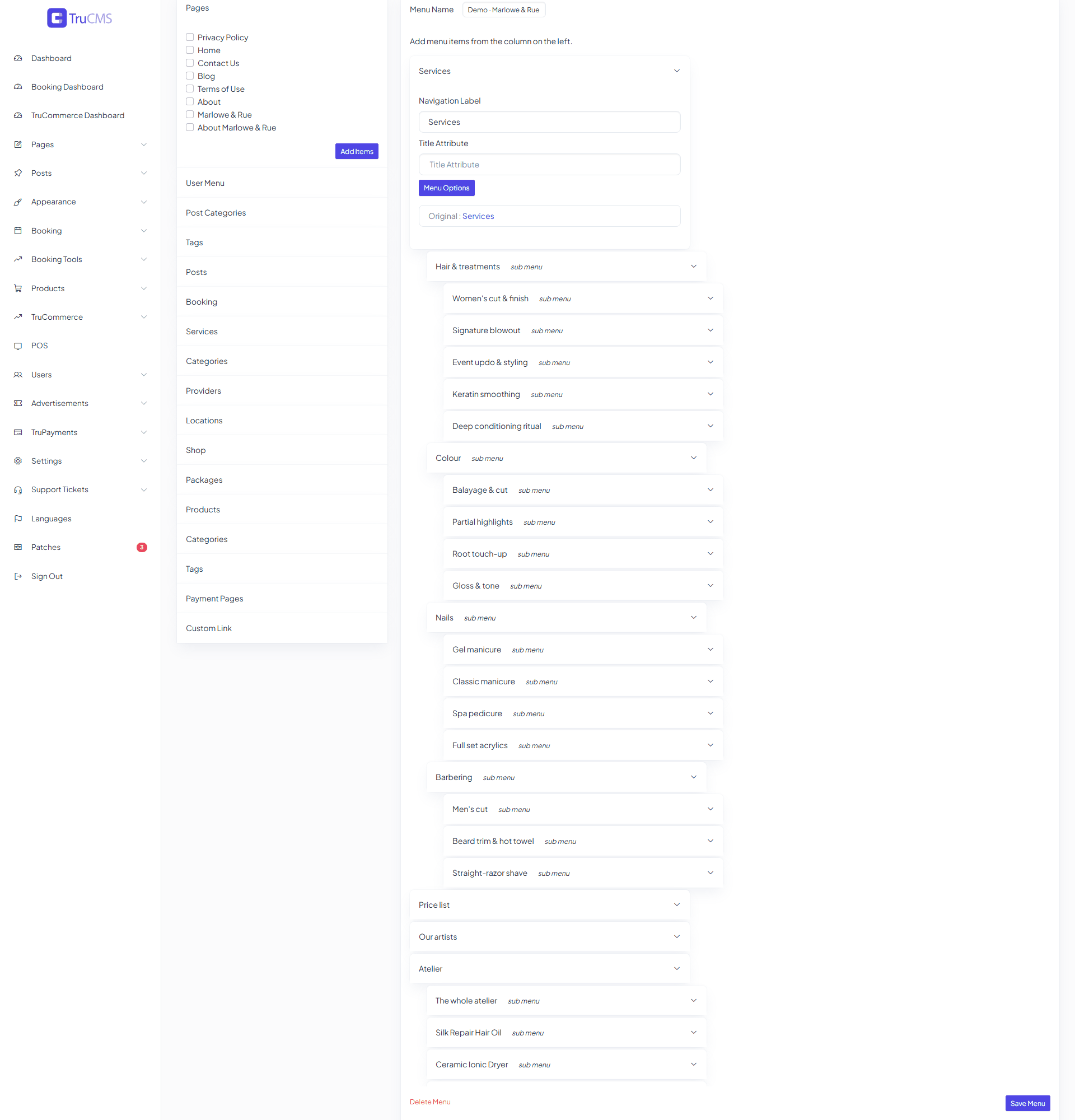 A menu item expanded to show its label, title attribute and options