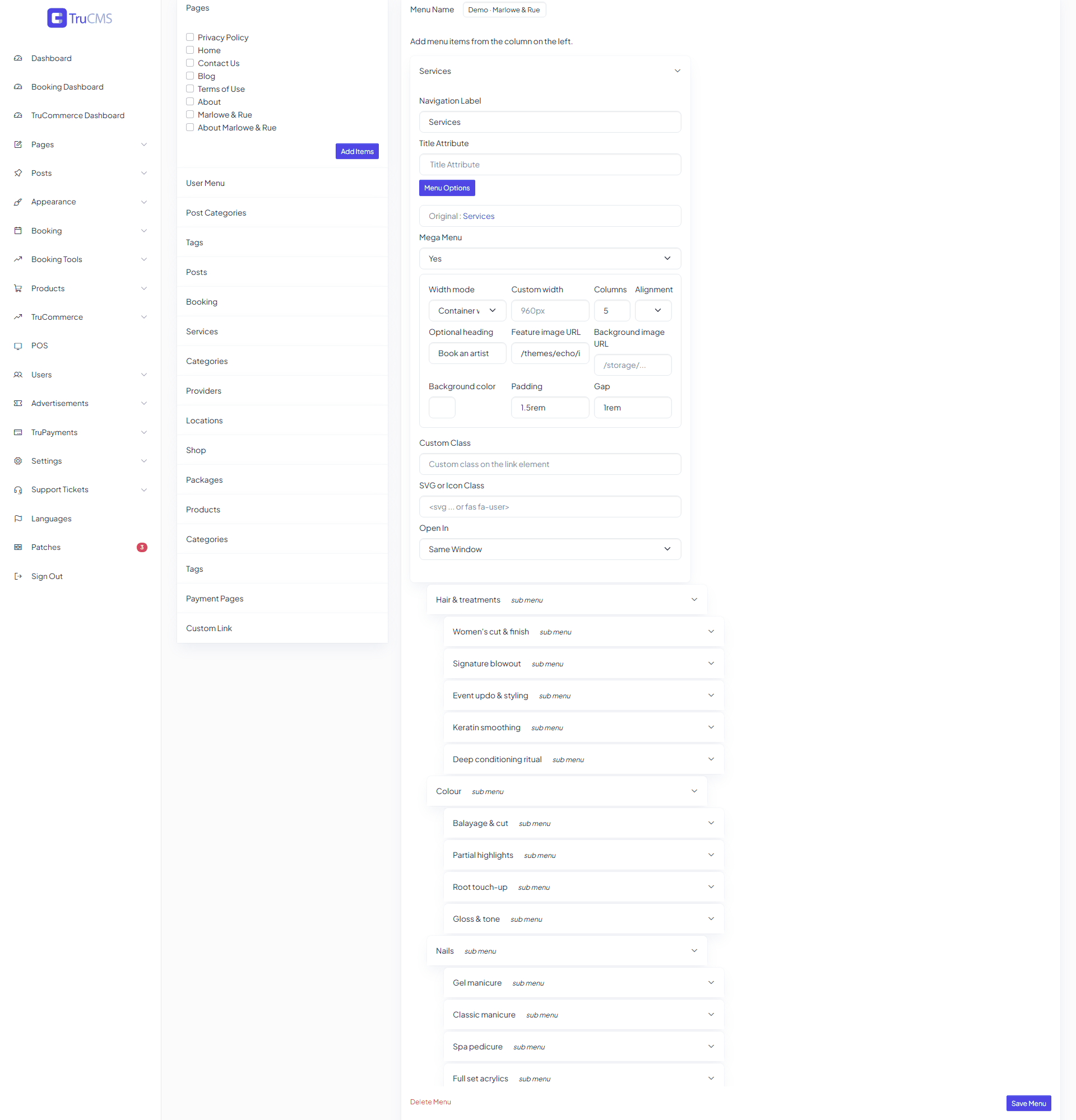 A top-level menu item with Mega Menu set to Yes and its panel settings visible