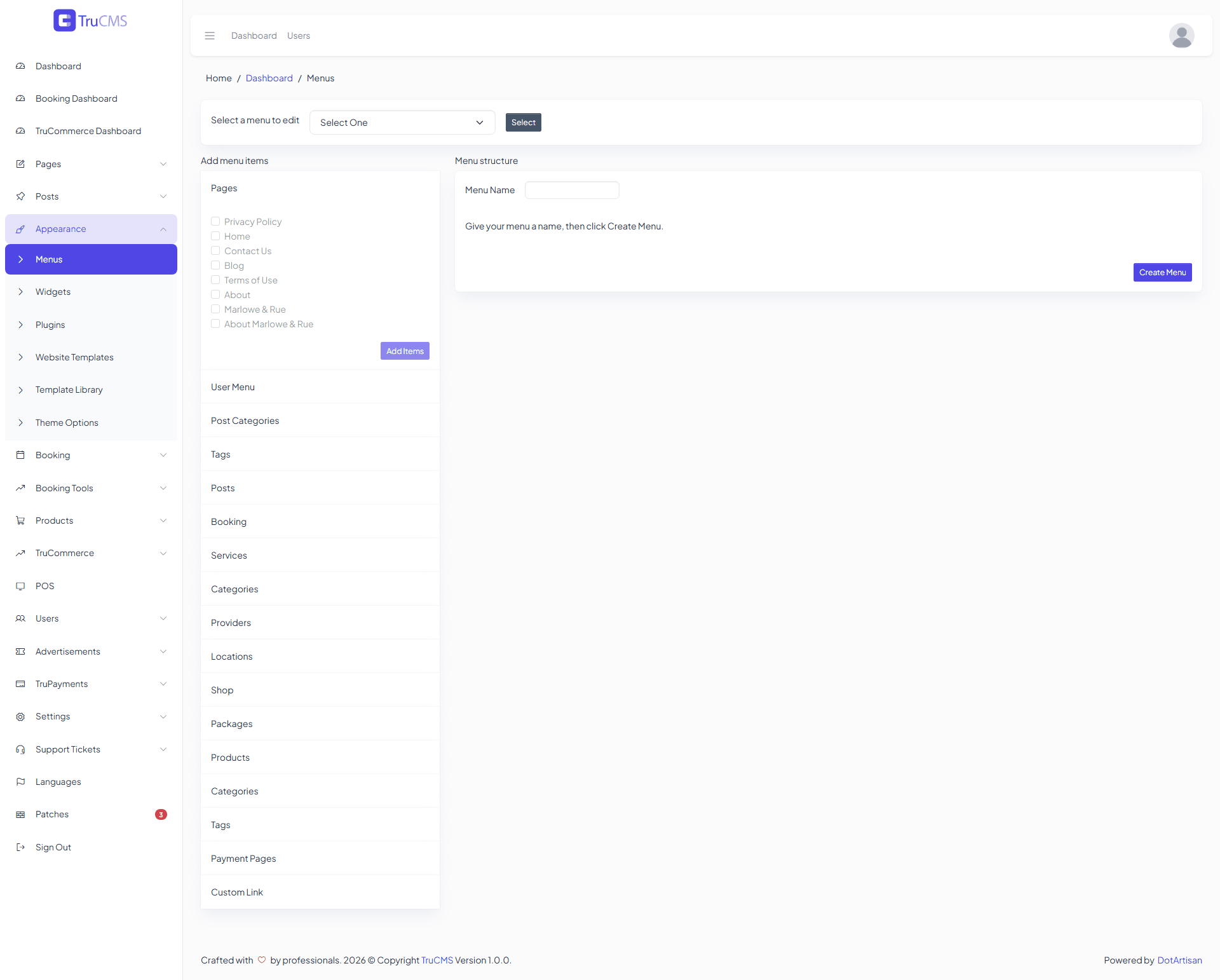 Menus screen before a menu is created