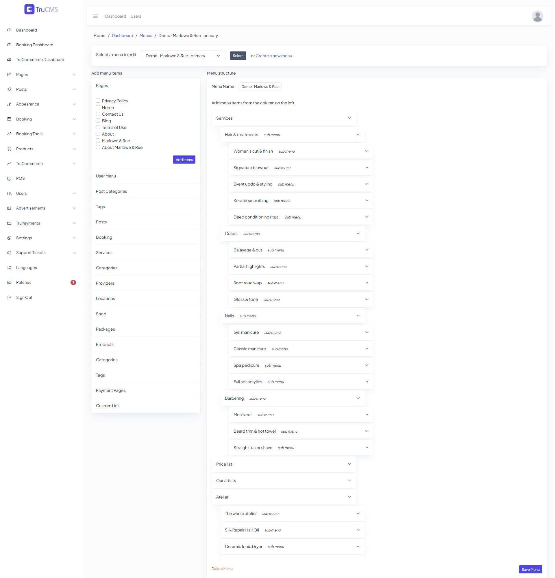 Menu builder showing the list of items to add on the left and the menu structure on the right
