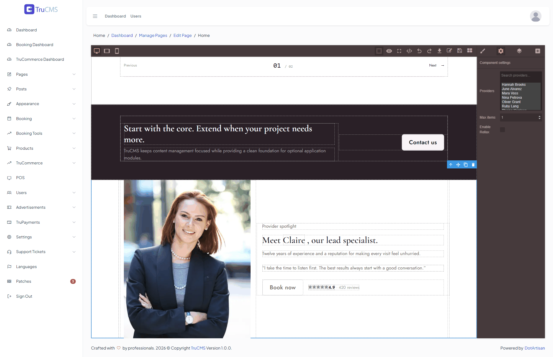 A provider spotlight section selected in the Page Builder with the Providers picker in the Settings panel