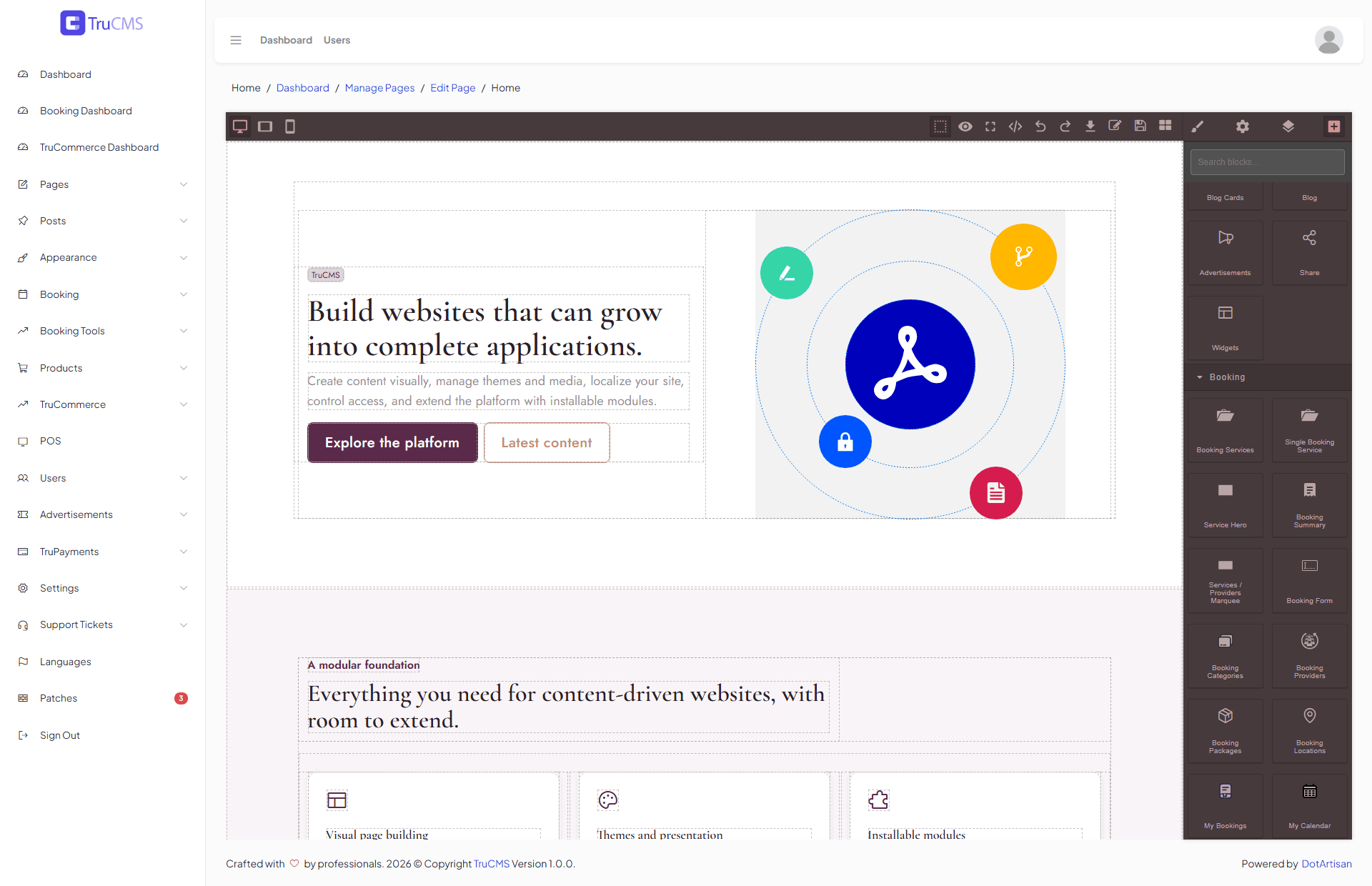 The Blocks panel scrolled to the Content and Booking blocks