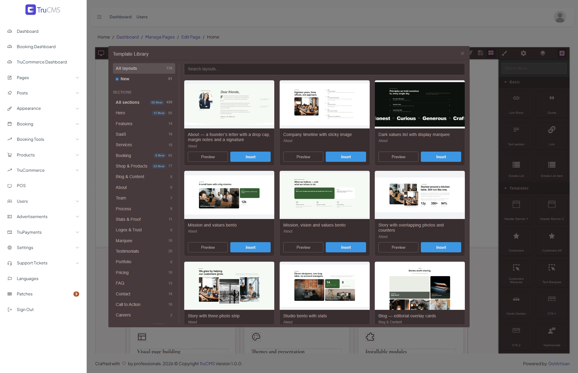 Template Library window open inside the Page Builder showing layout cards