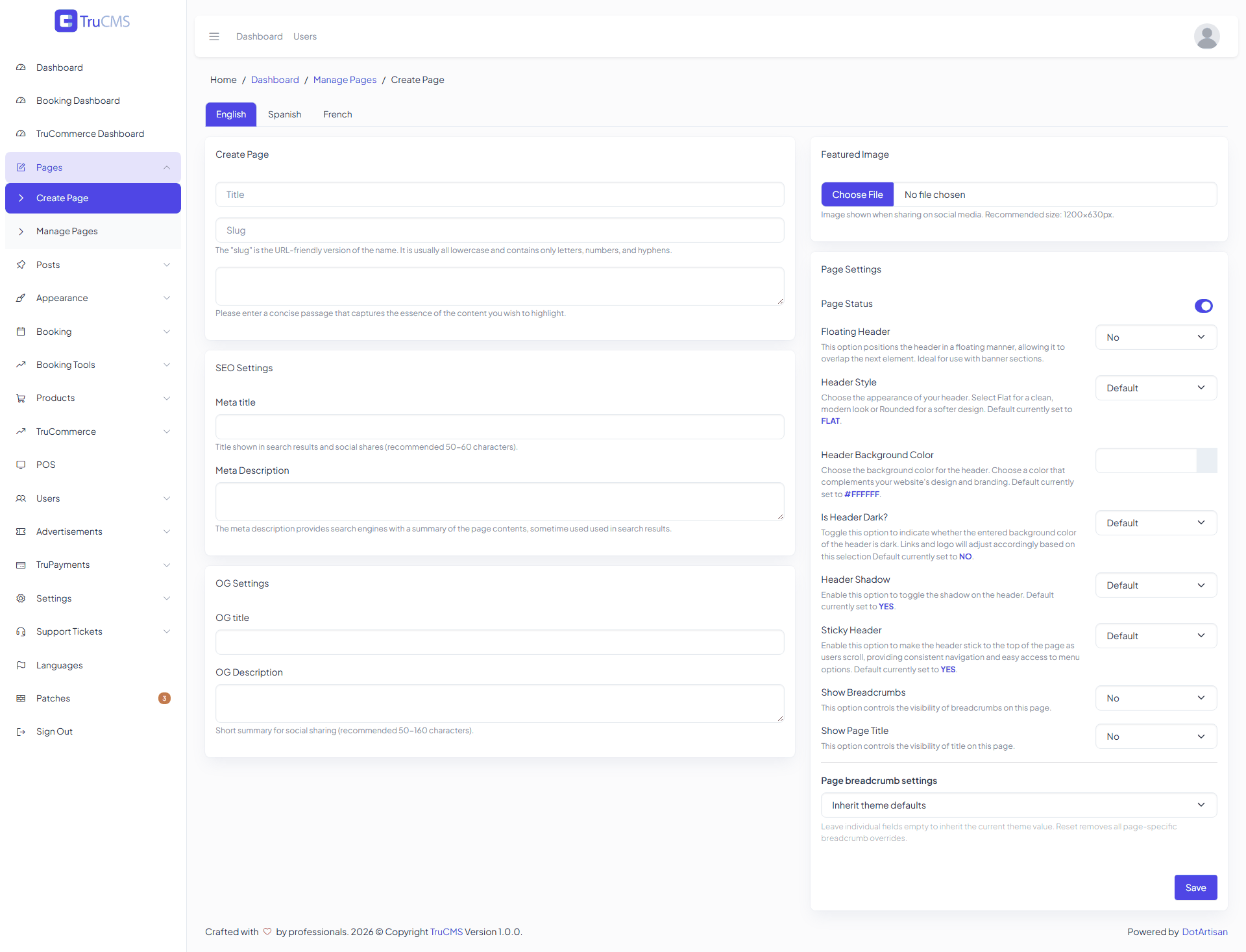 The Create Page form with title, slug, excerpt, SEO settings, OG settings, featured image and page settings