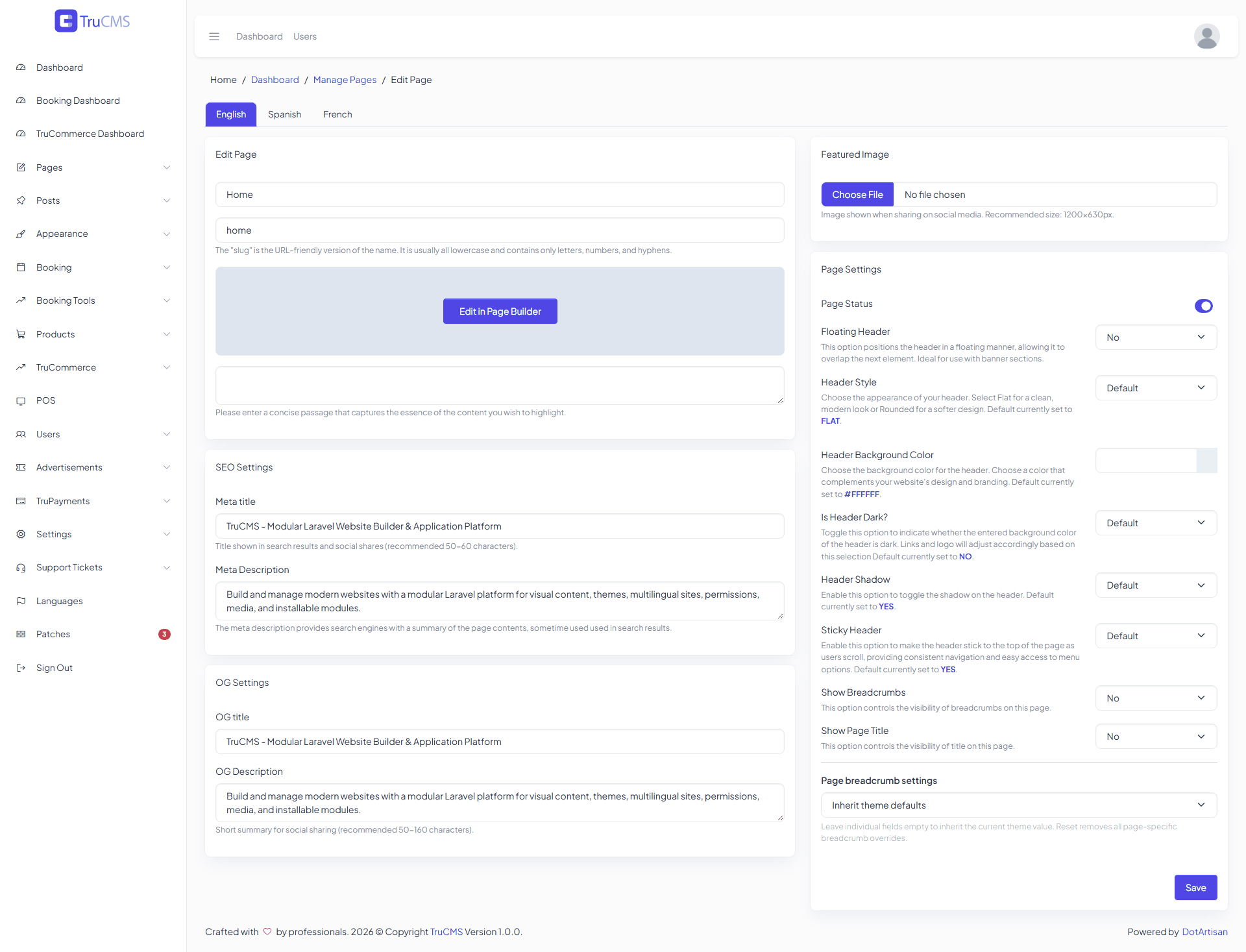 The Page Settings form of an existing page