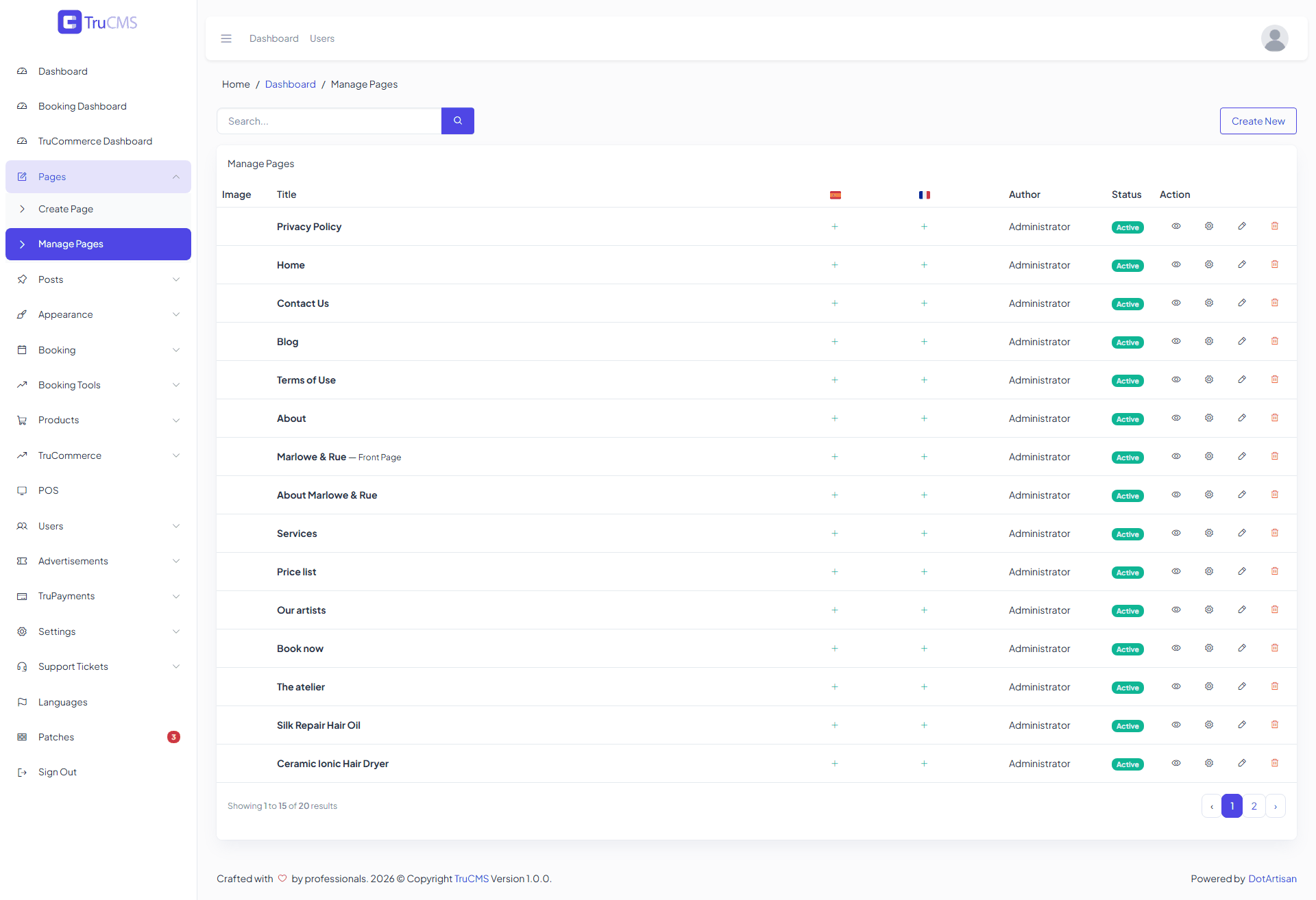 The Manage Pages list with page titles, authors, status badges and action icons