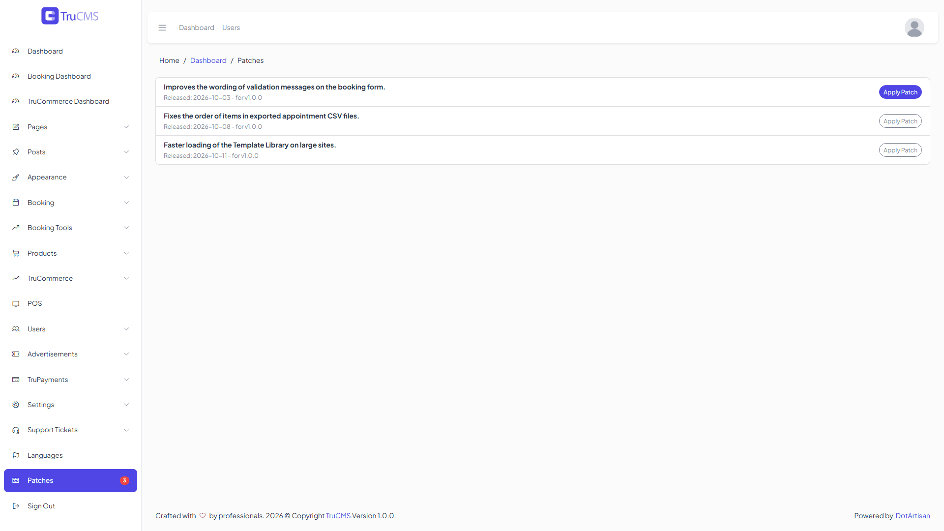 Official TruCMS patches screen in the Admin Panel
