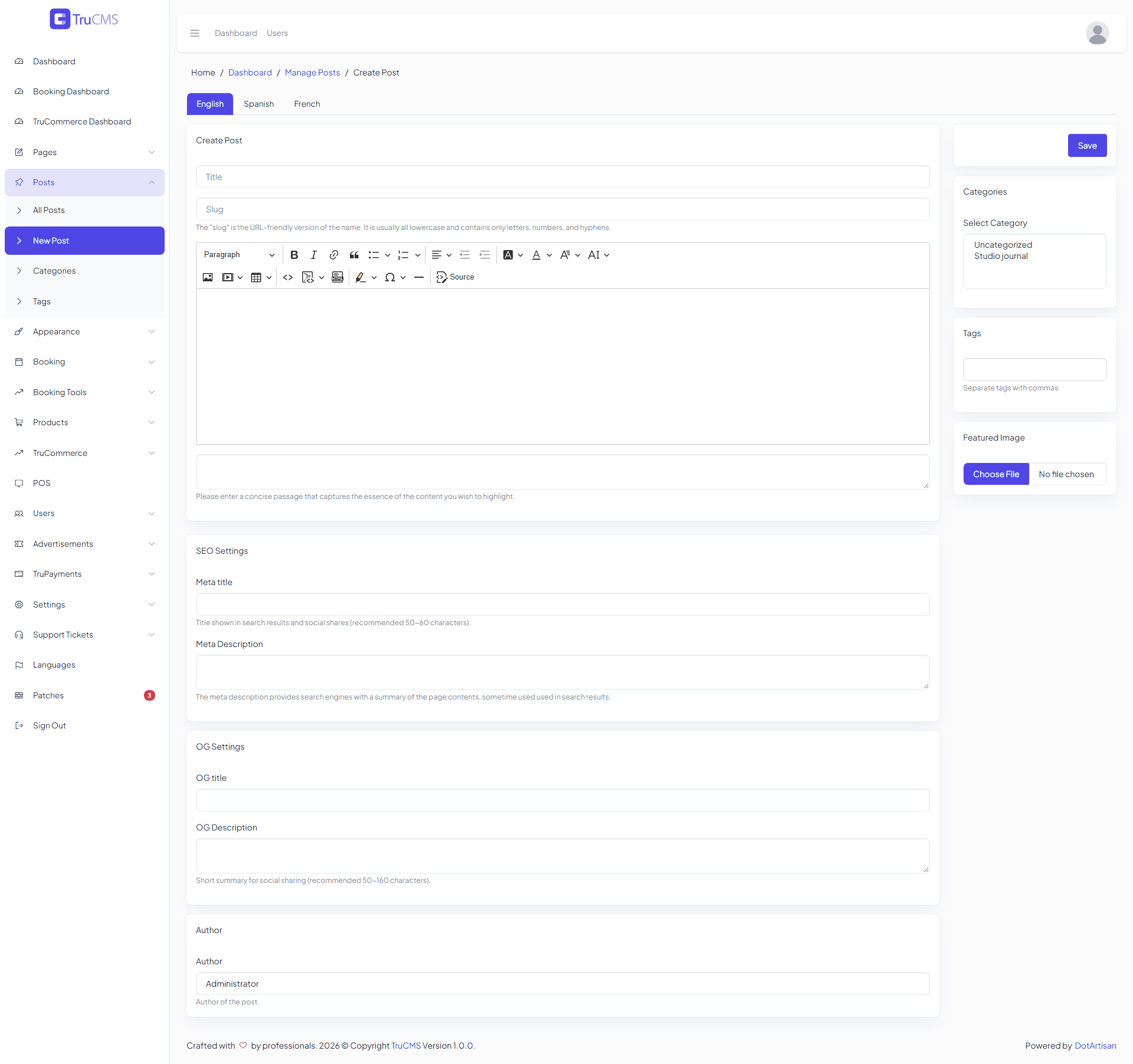 The Create Post form with title, slug, content editor, excerpt, SEO settings, author, categories, tags and featured image