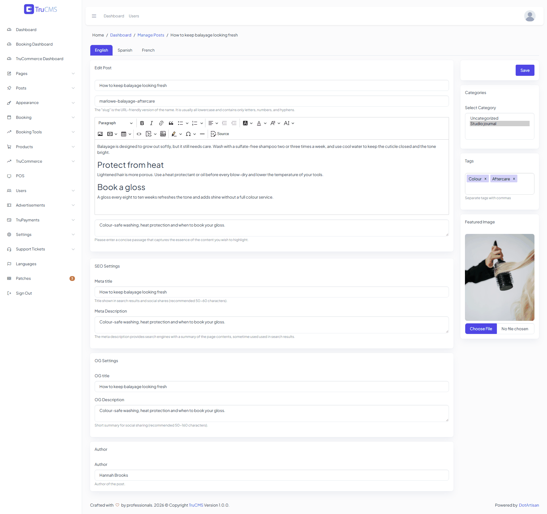 The Edit Post screen for an existing post with categories and tags filled in