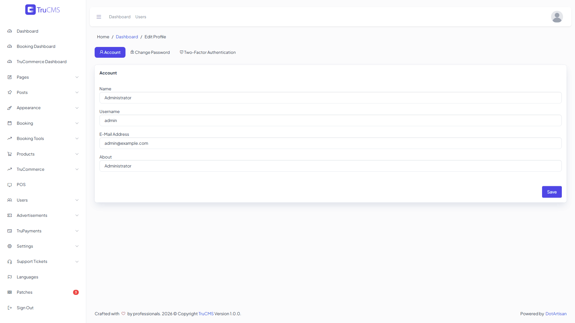 The Edit Profile page with name, username, email and about fields