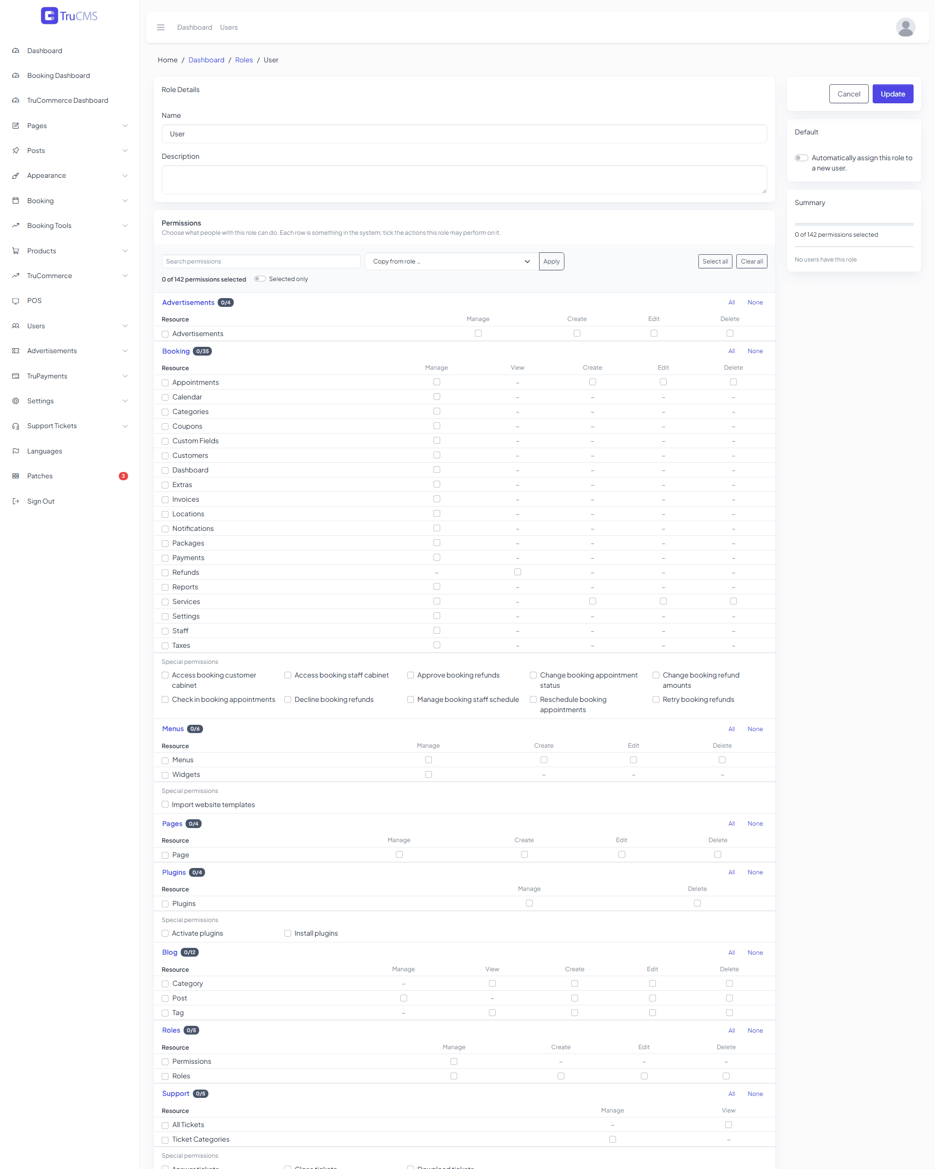The role editor with the permission matrix grouped by area