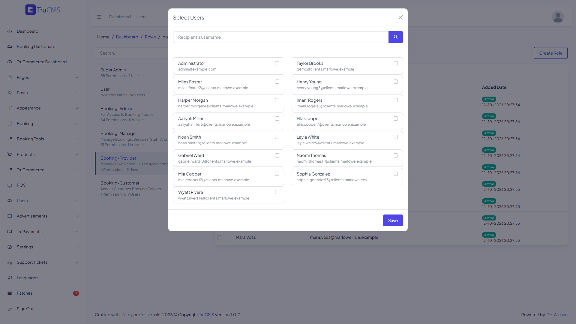 The Assign Role dialog listing users who do not yet have the role