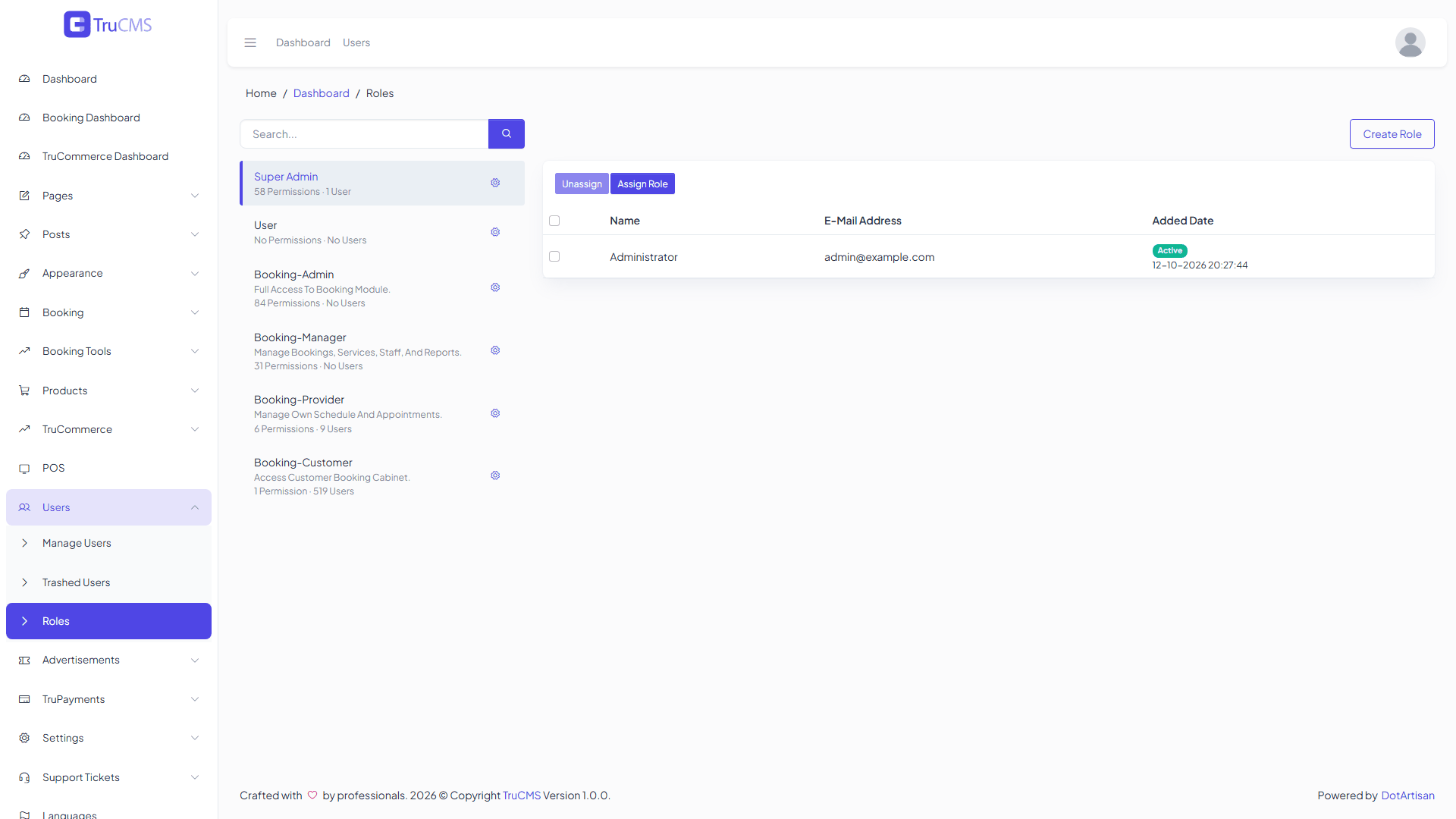 The Roles screen with the list of roles on the left and the users of the selected role on the right
