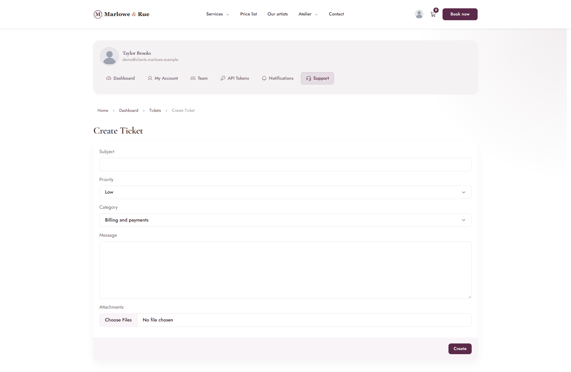 The customer form for opening a new ticket