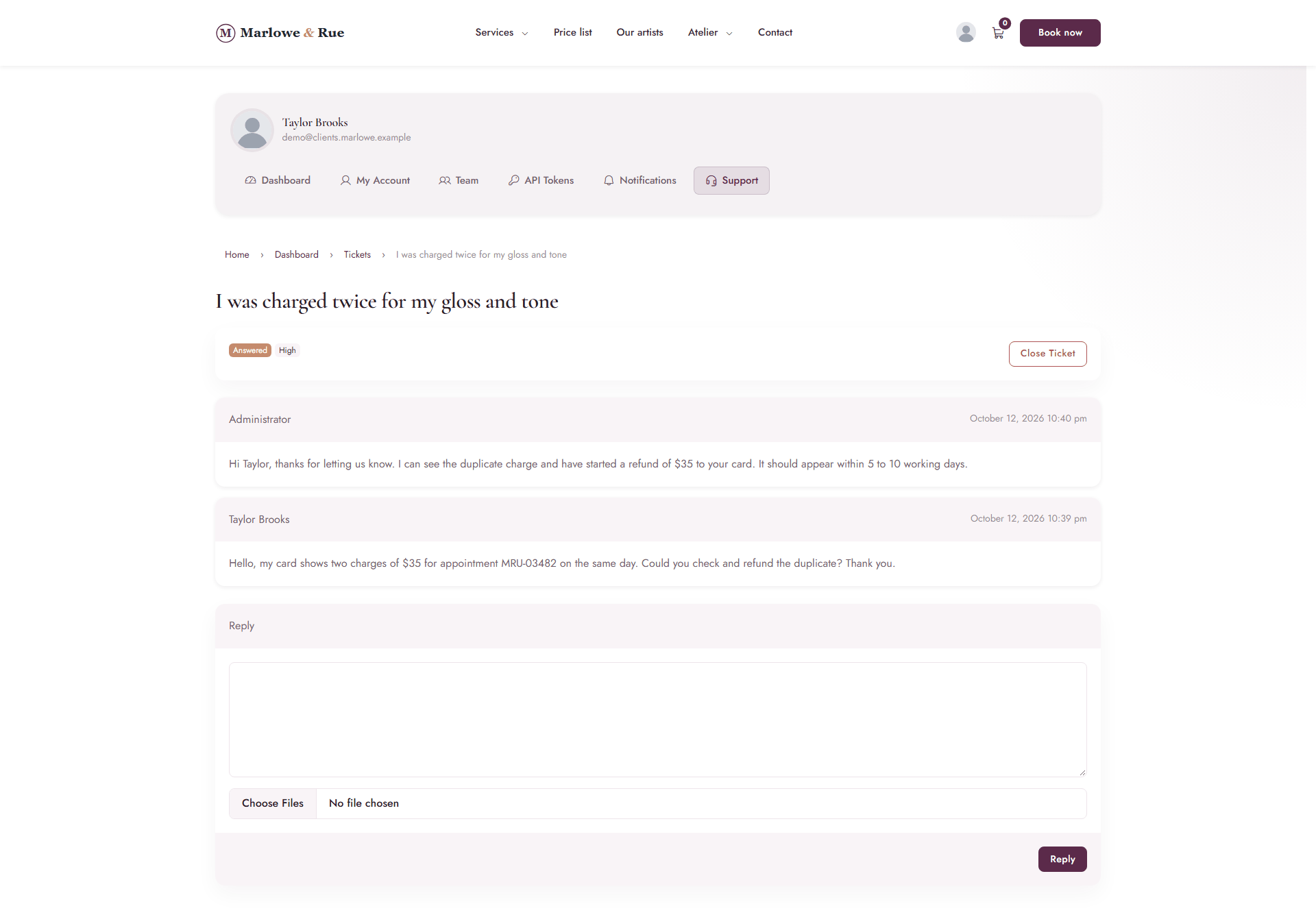 A customer viewing a ticket with the answer from the team and a reply form