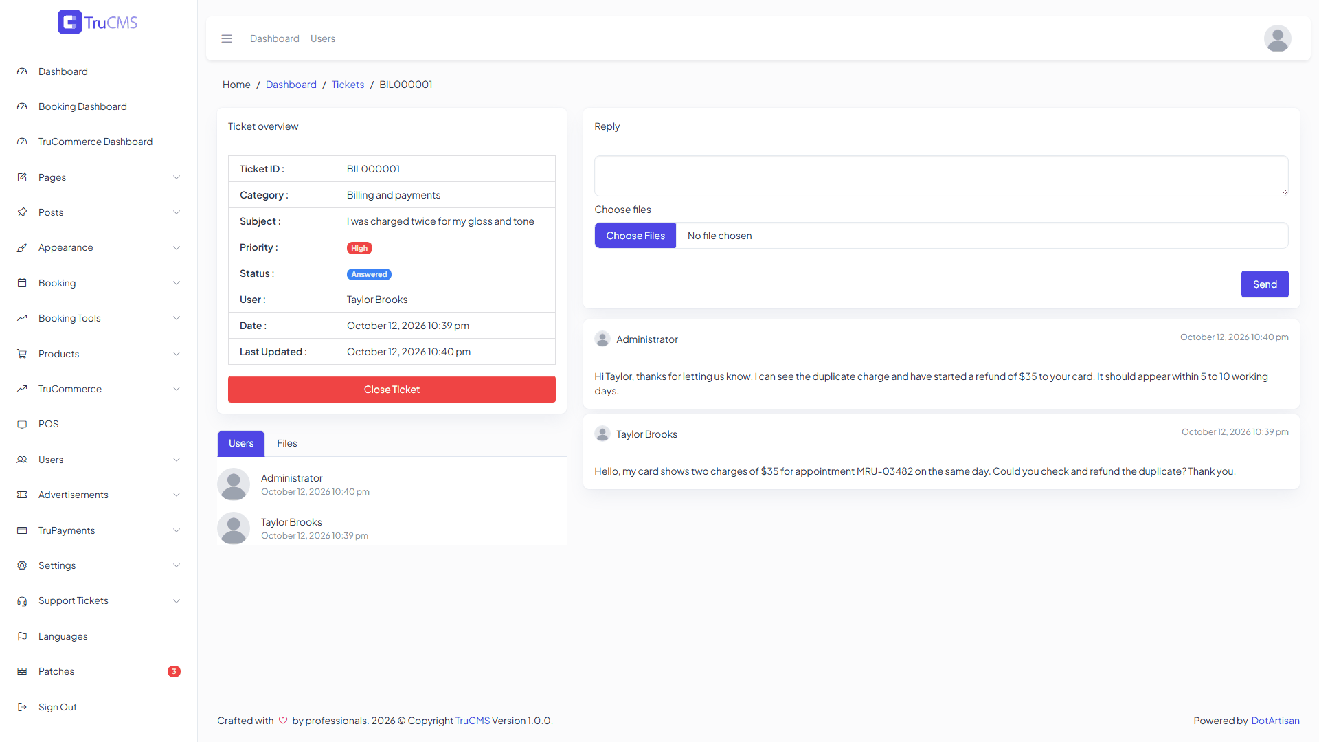 The admin ticket overview with details, a reply form, the conversation and a Close Ticket button
